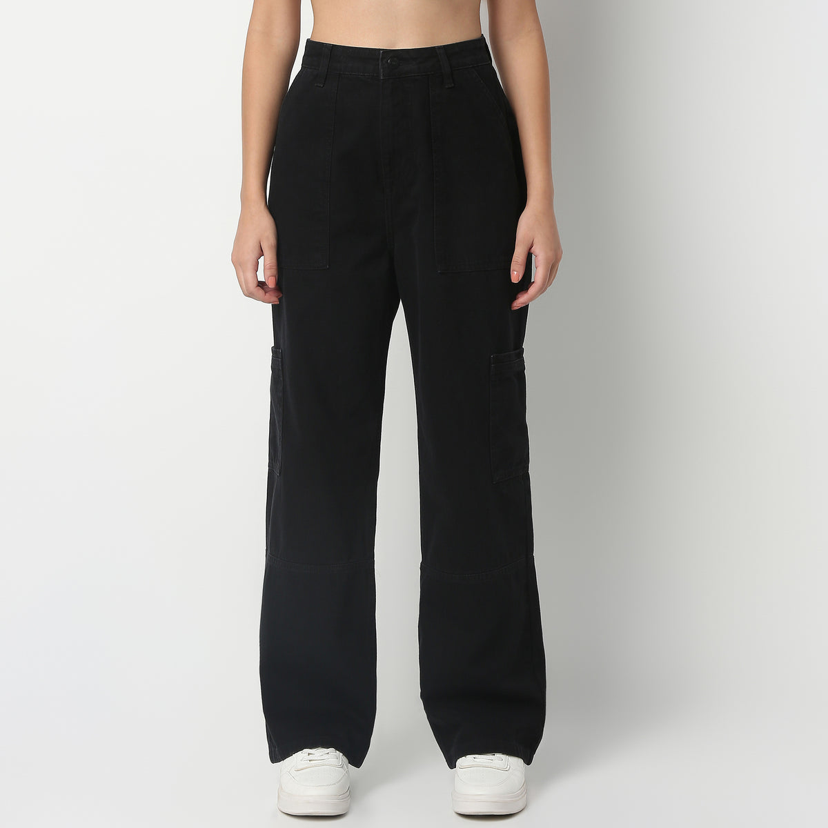 Full Length Boot Cut Solid Highwaist Patch Pocket Cargos