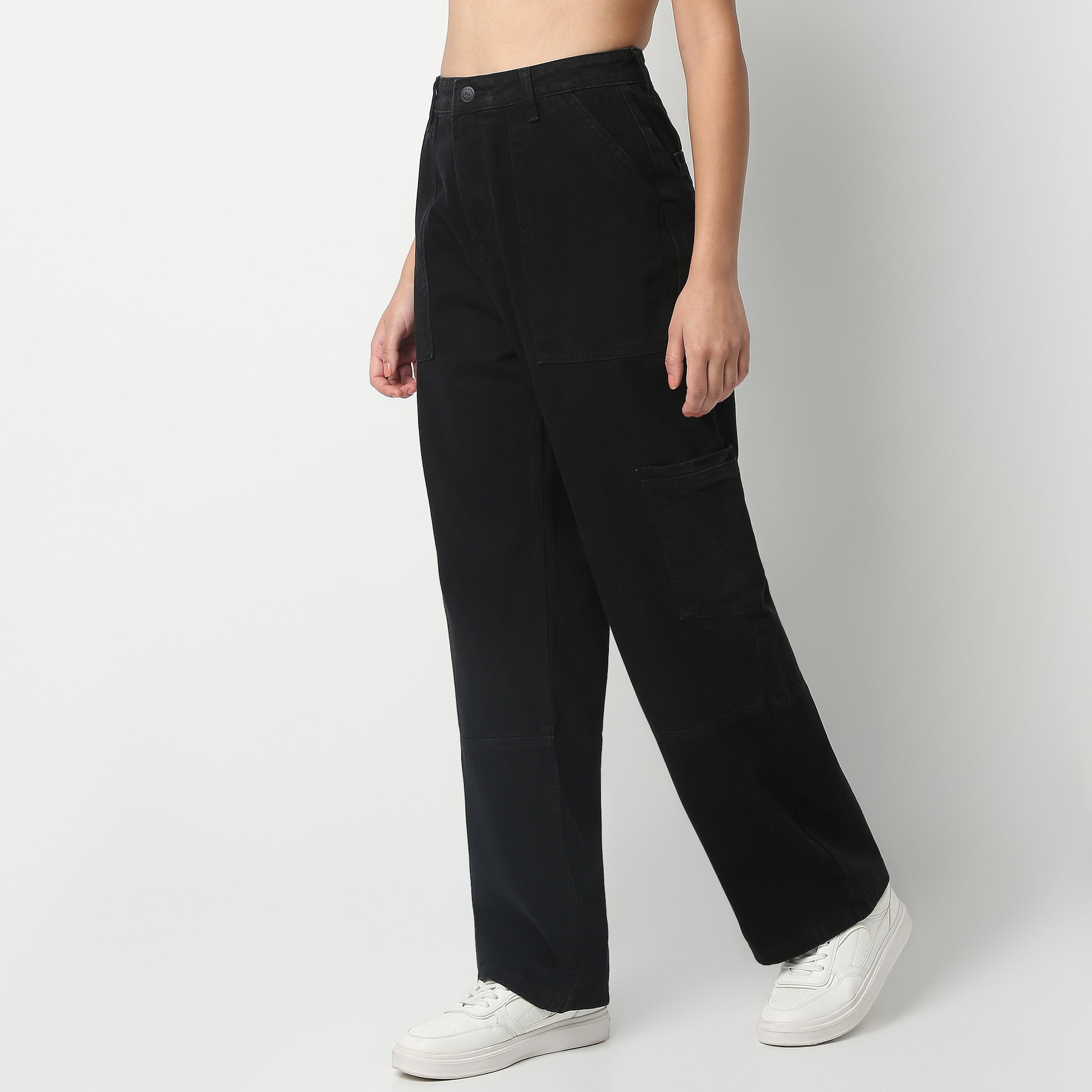 Full Length Boot Cut Solid Highwaist Patch Pocket Cargos