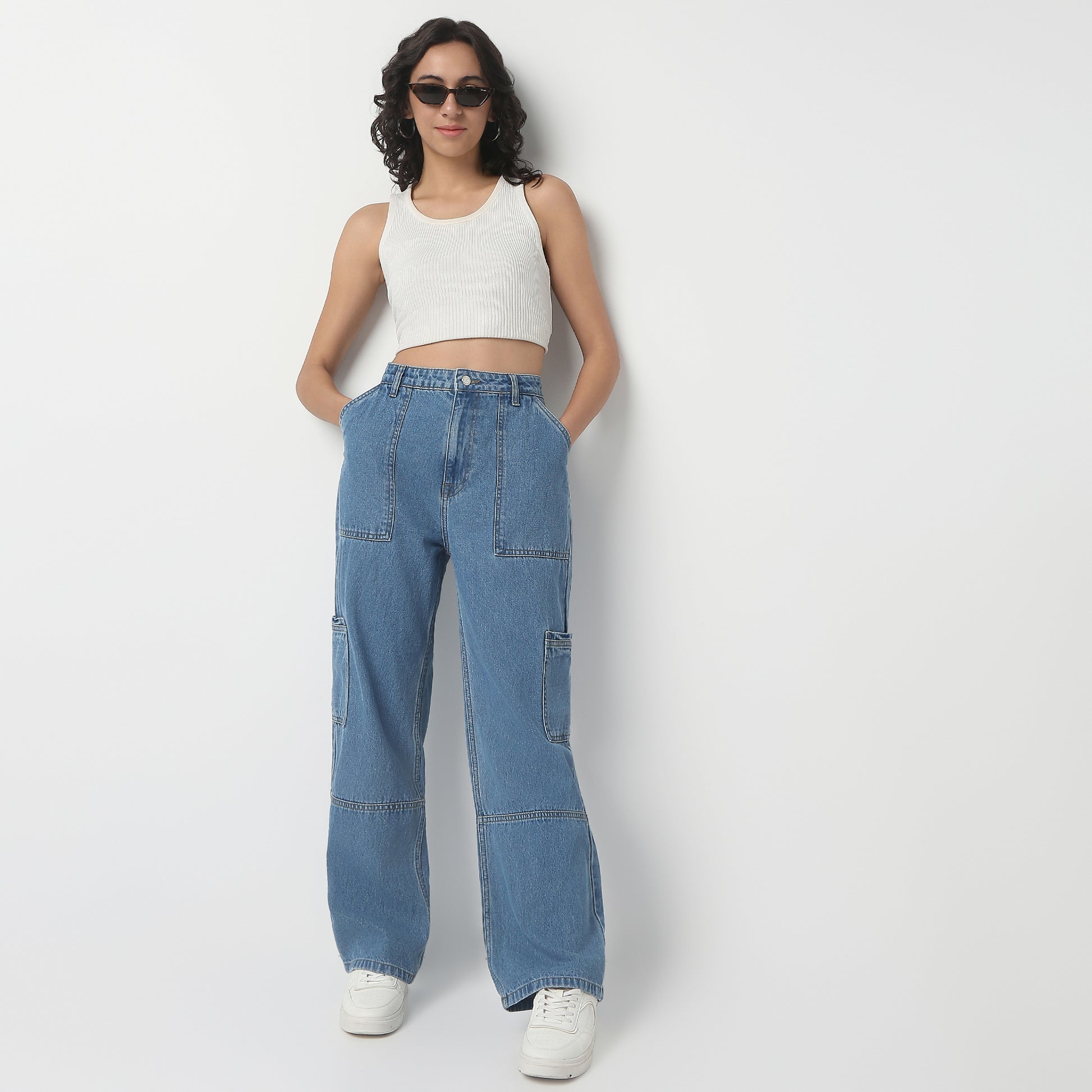 Full Length Boot Cut Solid Highwaist Patch Pocket Cargos