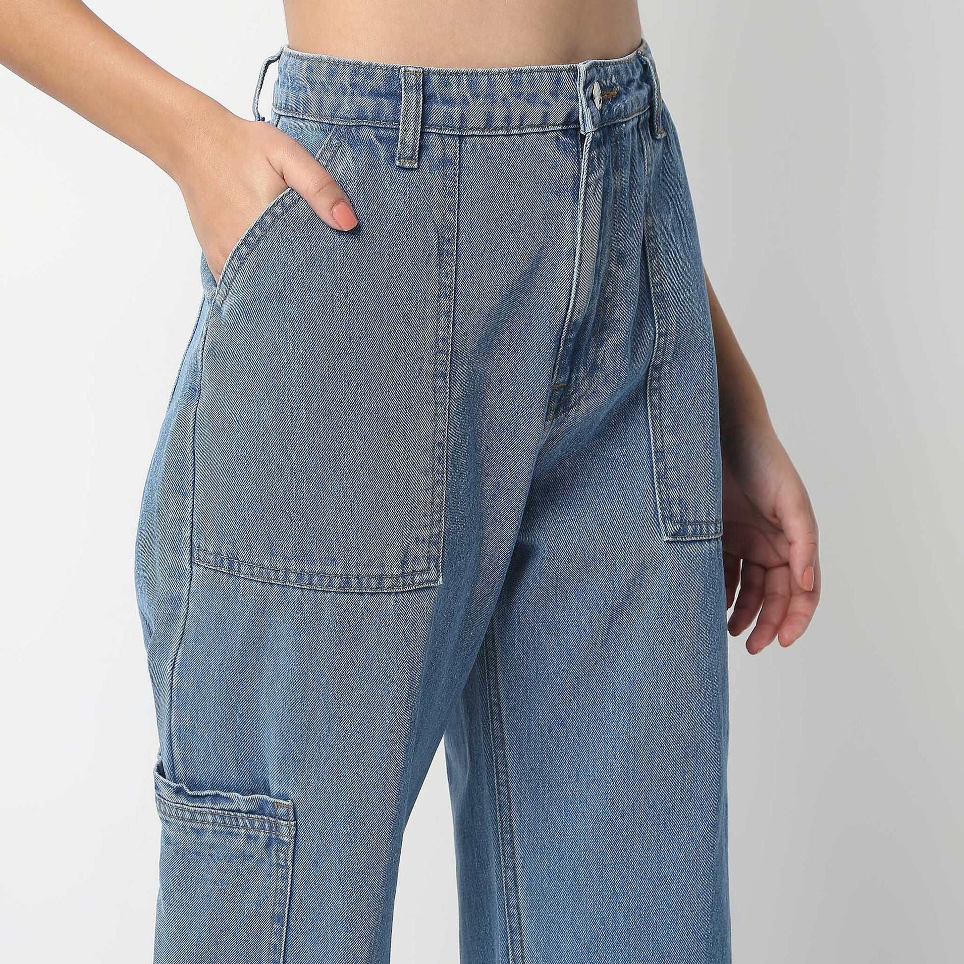 Full Length Boot Cut Solid Highwaist Patch Pocket Cargos