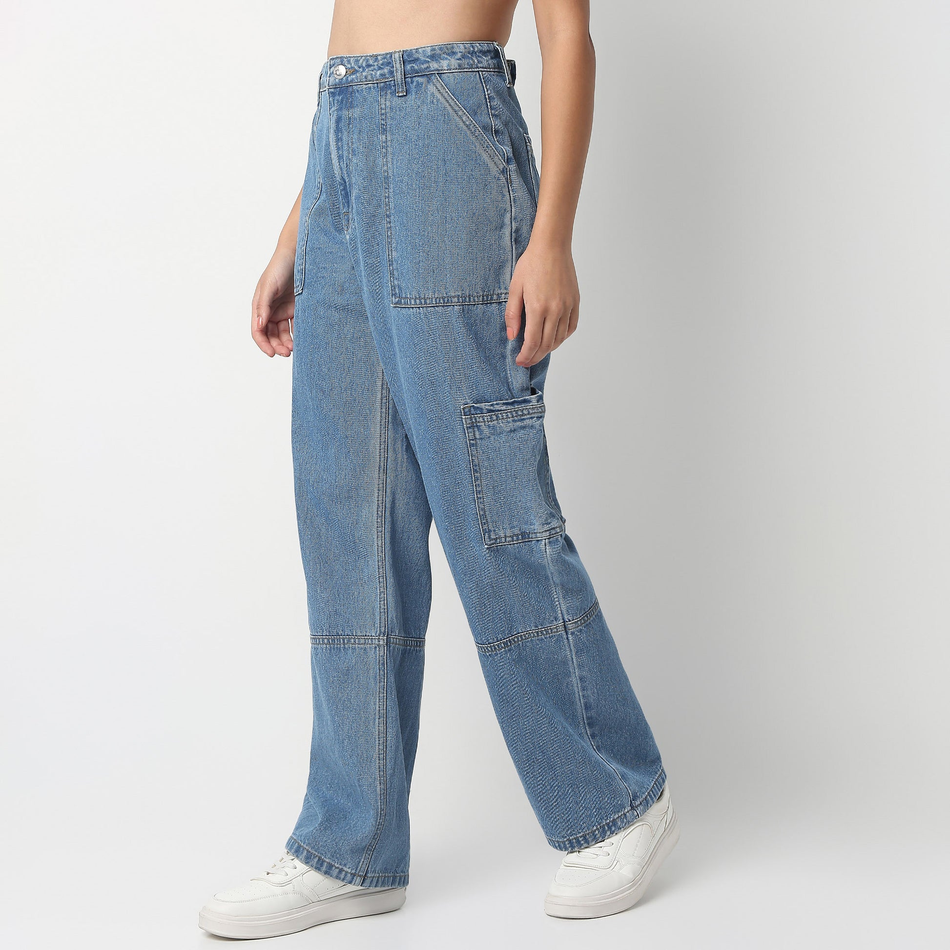 Full Length Boot Cut Solid Highwaist Patch Pocket Cargos