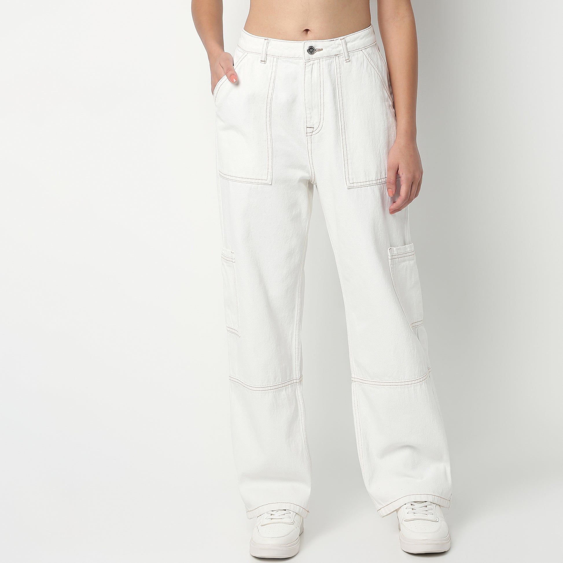 Full Length Boot Cut Solid Highwaist Patch Pocket Cargos