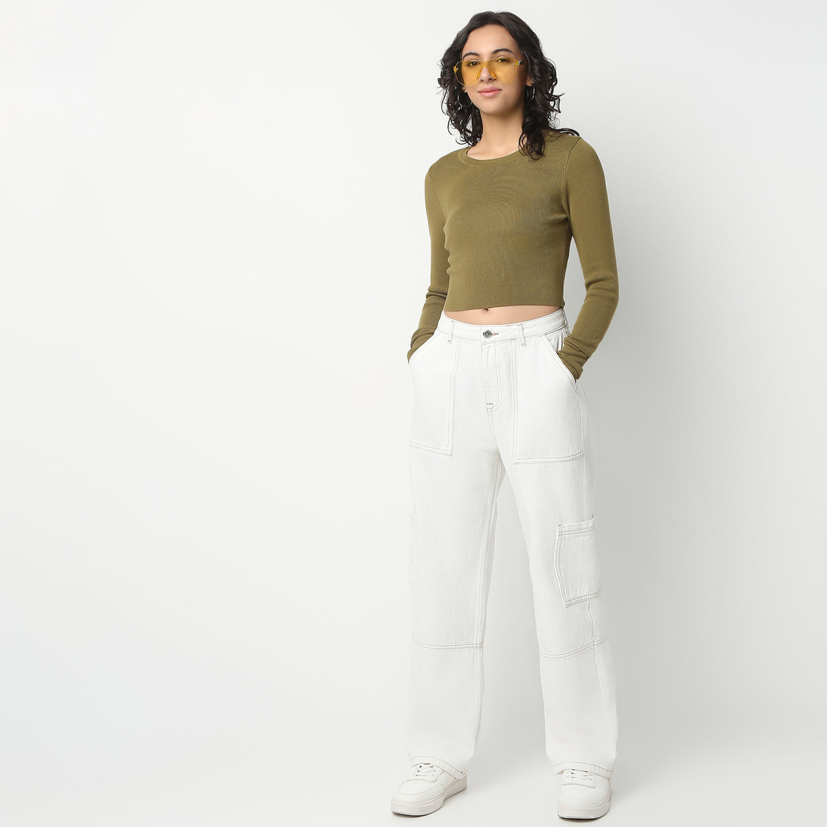 Full Length Boot Cut Solid Highwaist Patch Pocket Cargos