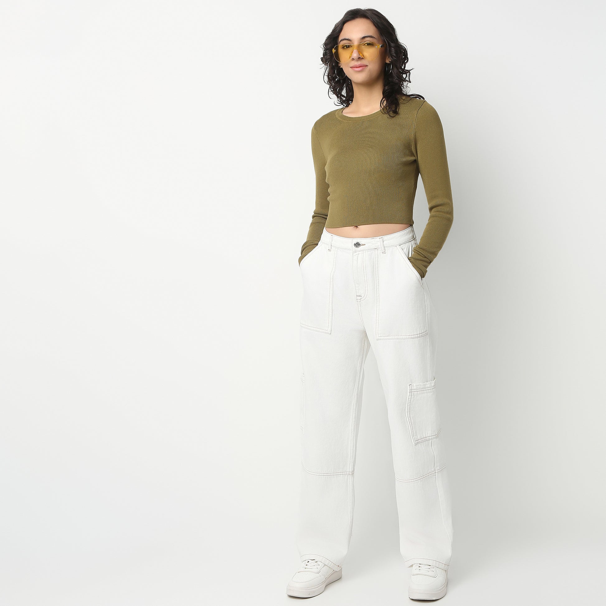 Full Length Boot Cut Solid Highwaist Patch Pocket Cargos