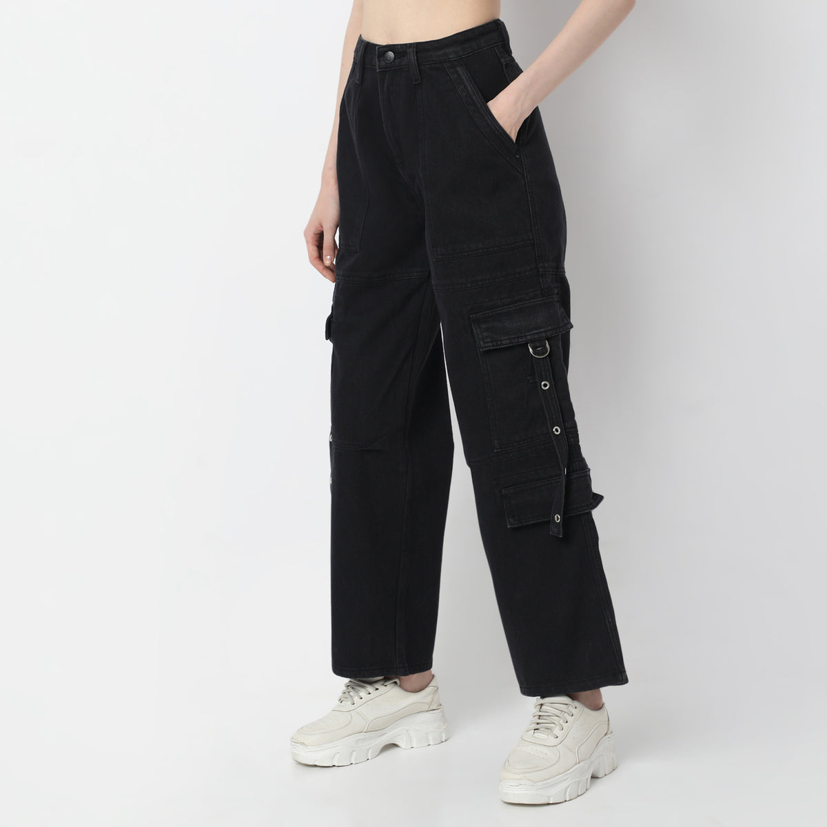 Solid Full-Length High-Rise Cargo Fit Jeans