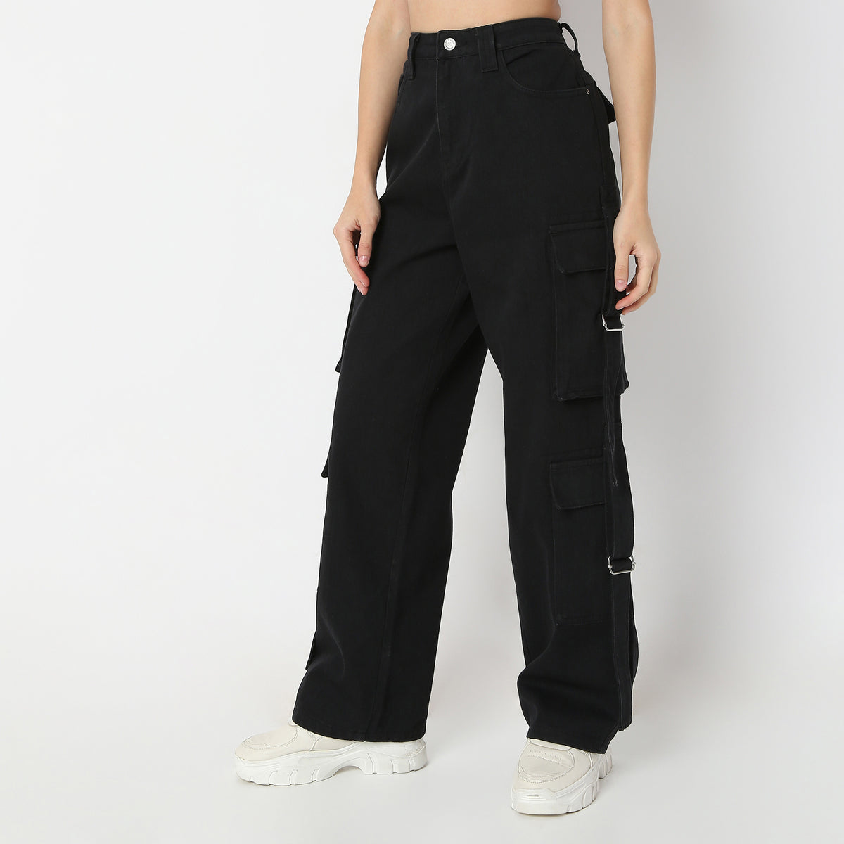 Solid Full-Length High-Waist Utility Crago with Street Look Flare Jeans