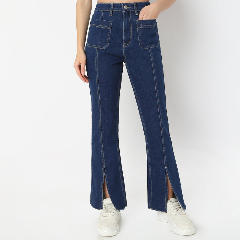 Solid Full-Length Bootcut High Rise Jeans with Patch Pocket & Front Slit