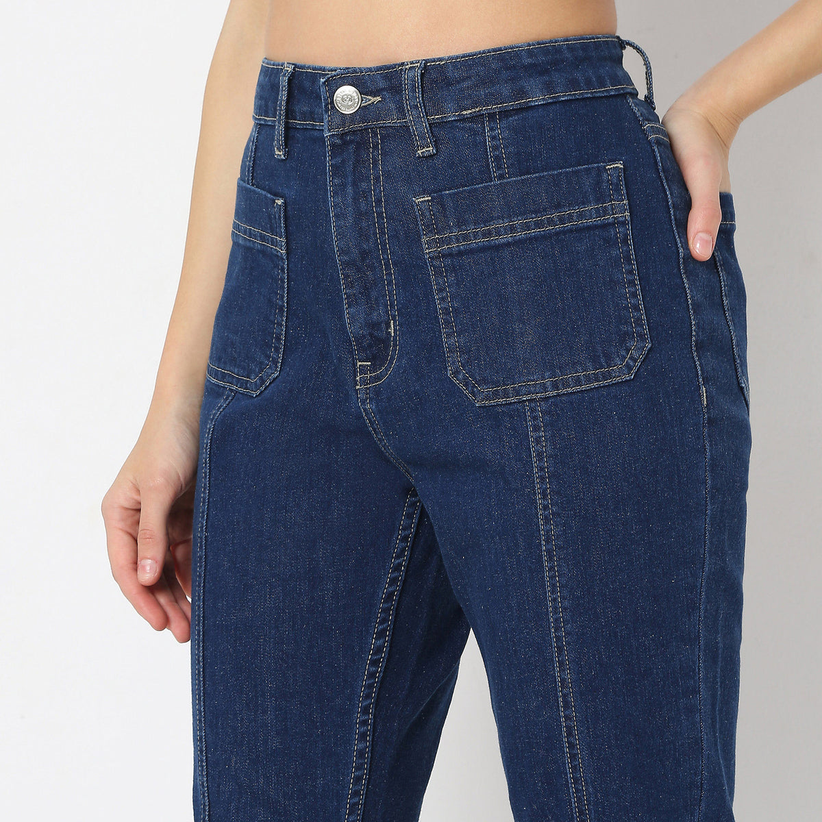 Solid Full-Length Bootcut High Rise Jeans with Patch Pocket & Front Slit