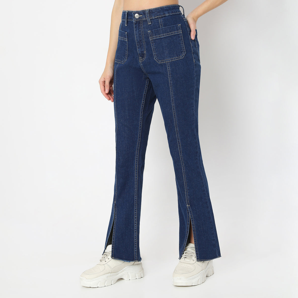 Solid Full-Length Bootcut High Rise Jeans with Patch Pocket & Front Slit