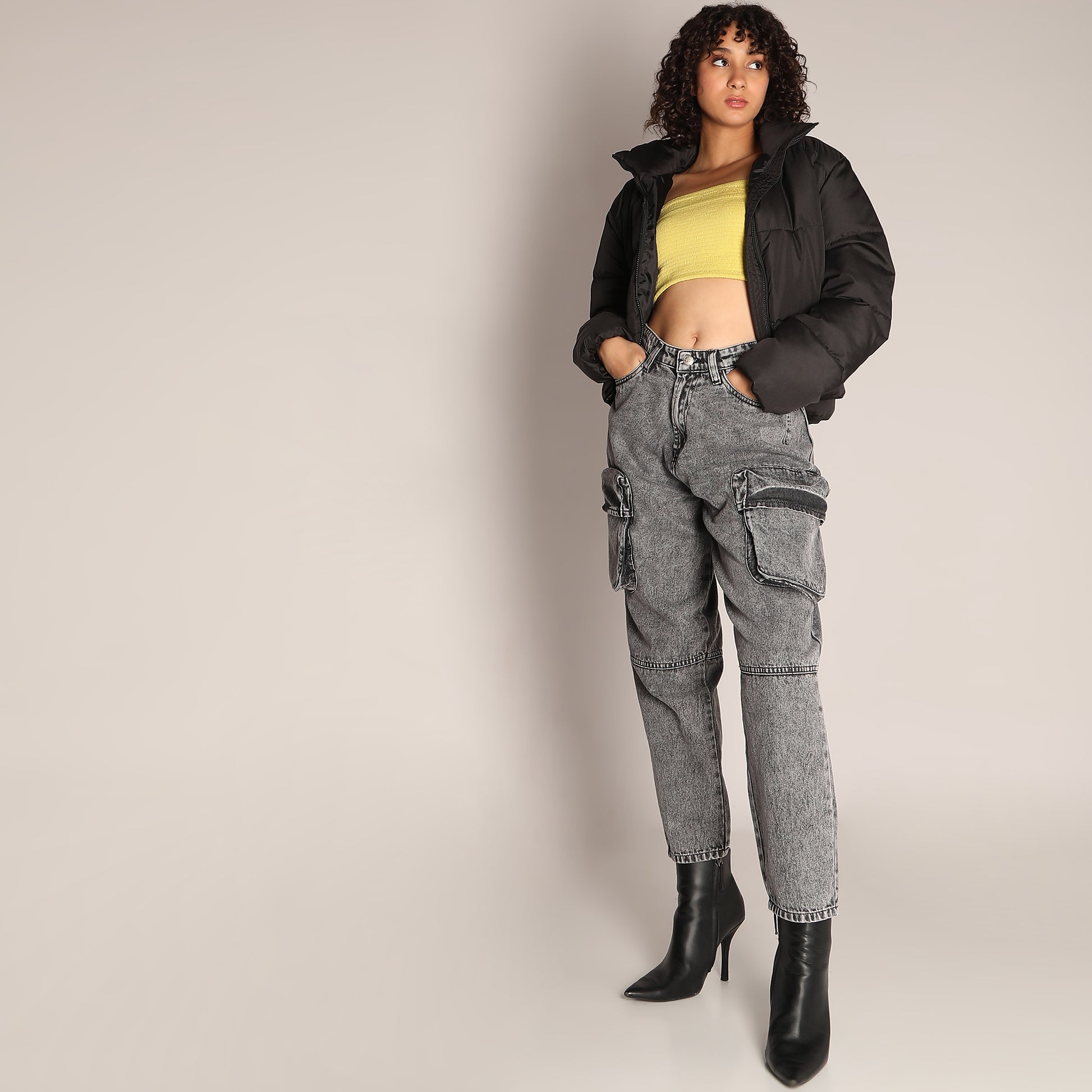 Solid Ankle-Length High-Rise Slouch Fit Jeans with Big Patch Pocket