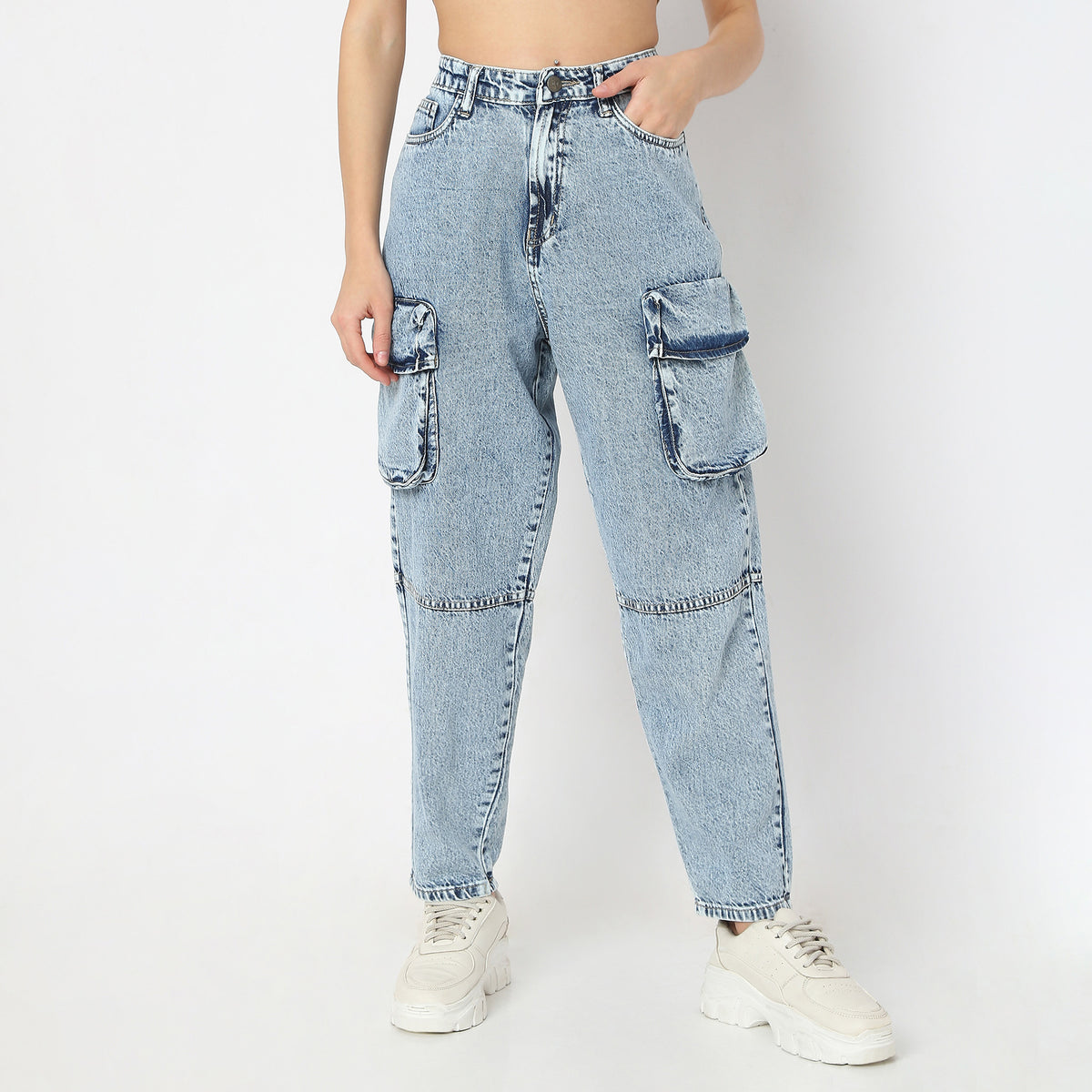 Solid Ankle-Length High-Rise Slouch Fit Jeans with Big Patch Pocket