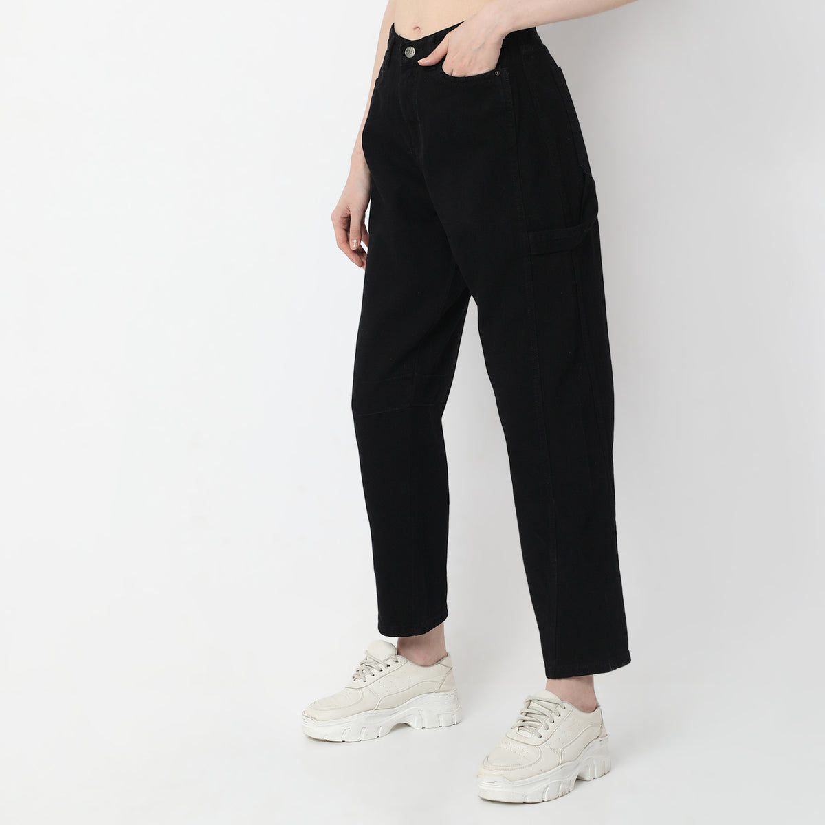 Solid Ankle-Length High-Waist Slouch Fit Jeans with Baggy Look