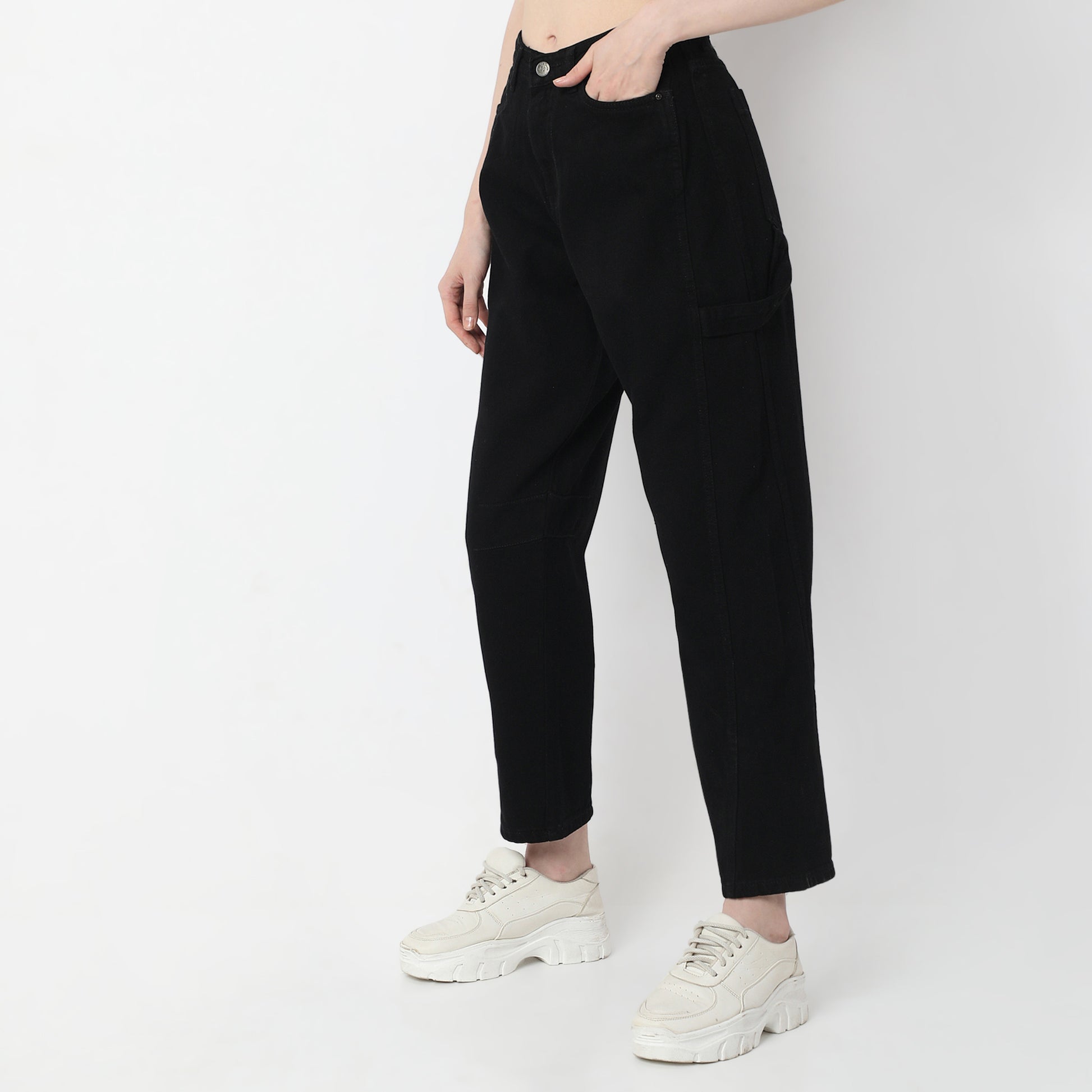 Solid Ankle-Length High-Waist Slouch Fit Jeans with Baggy Look