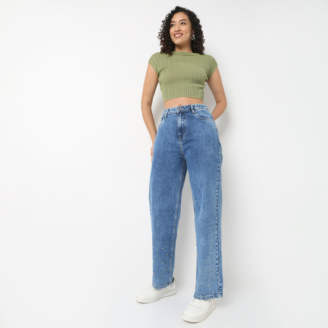 Straight Fit Denim With Emblished Stud Look