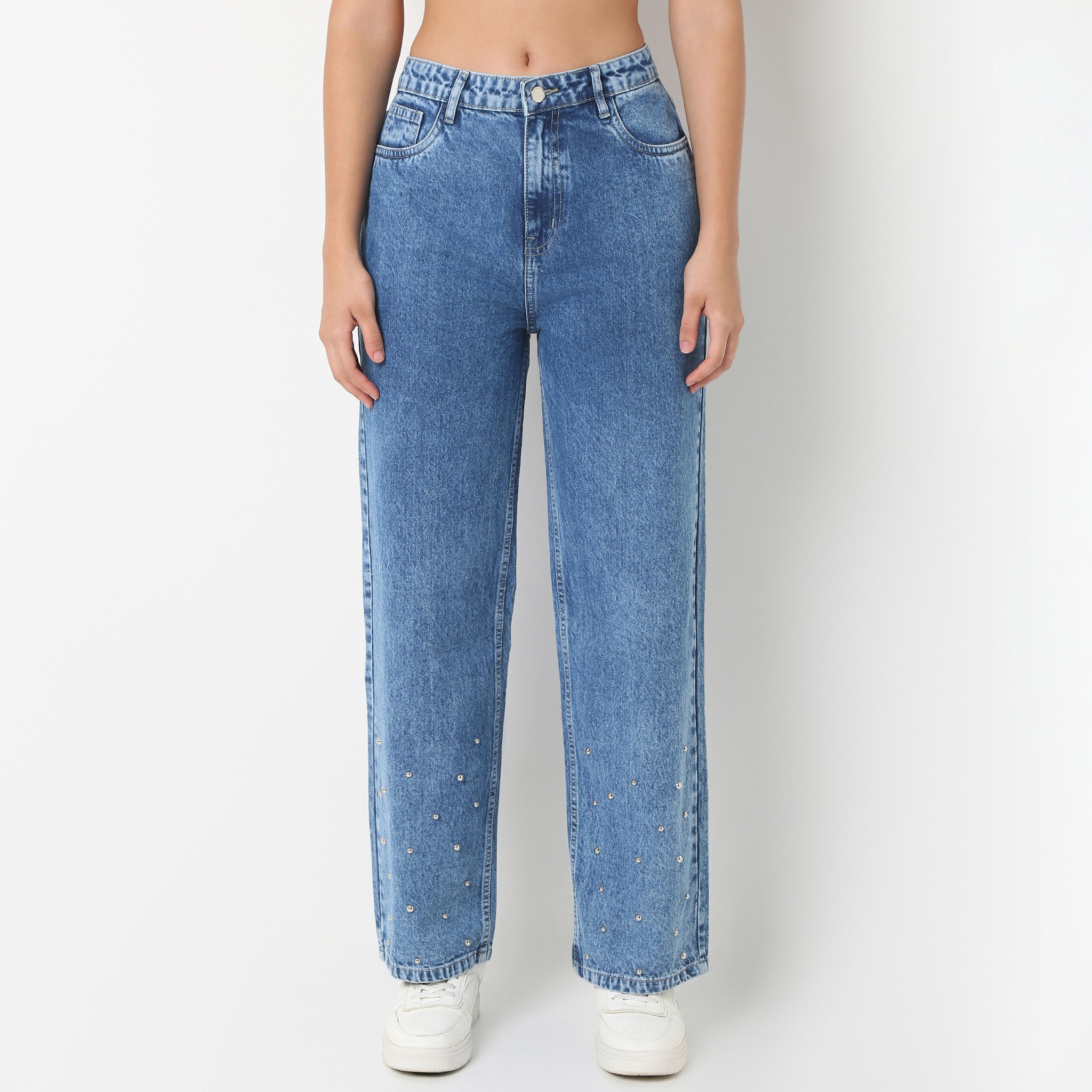 Straight Fit Denim With Emblished Stud Look