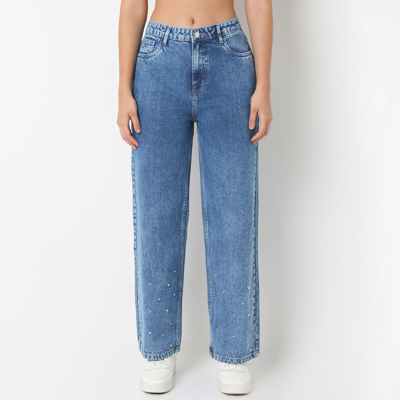 Straight Fit Denim With Emblished Stud Look