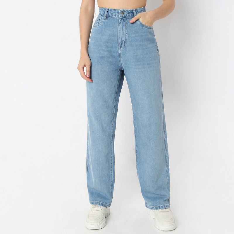 Stone Wash Full-Length Straight Fit High Rise Jeans