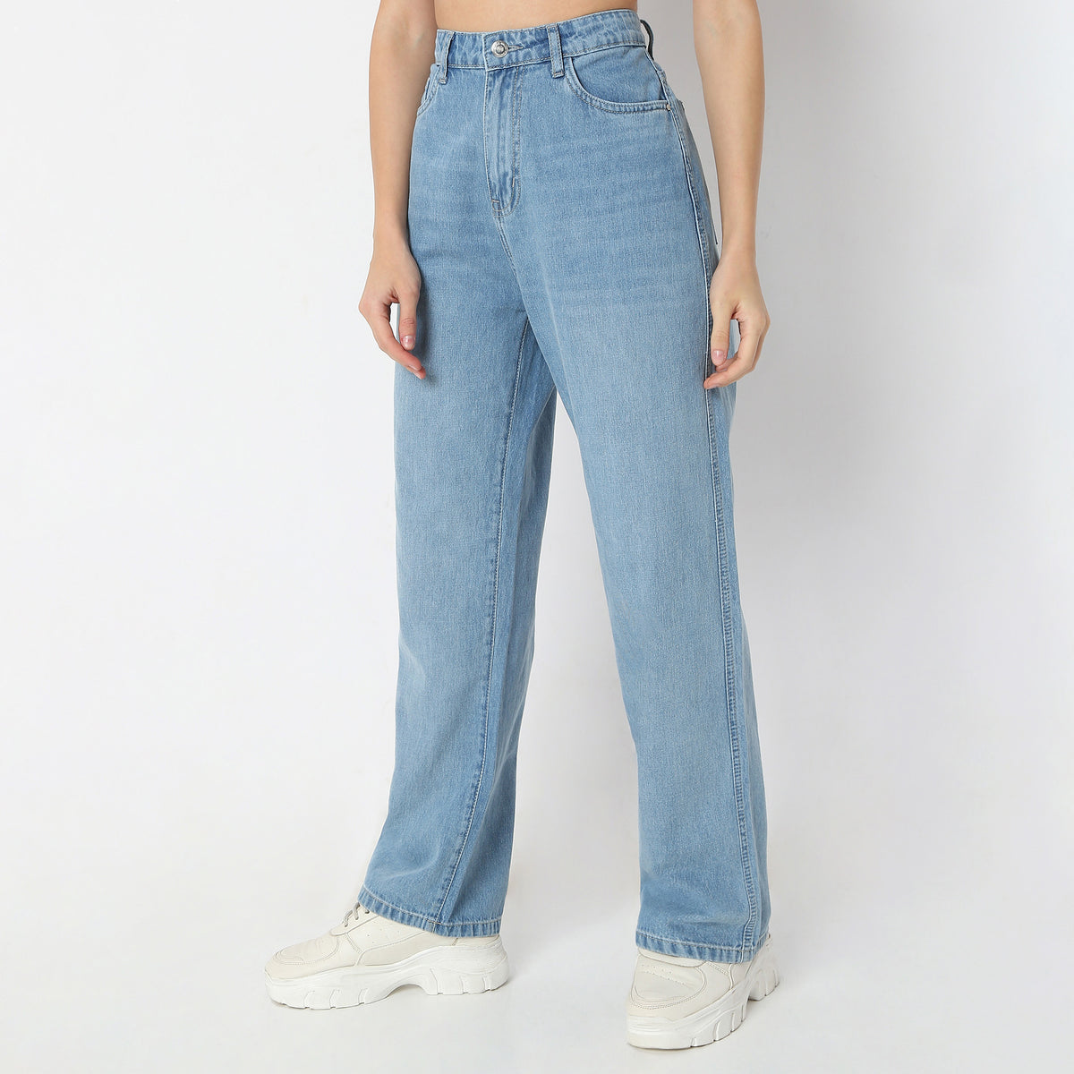 Stone Wash Full-Length Straight Fit High Rise Jeans