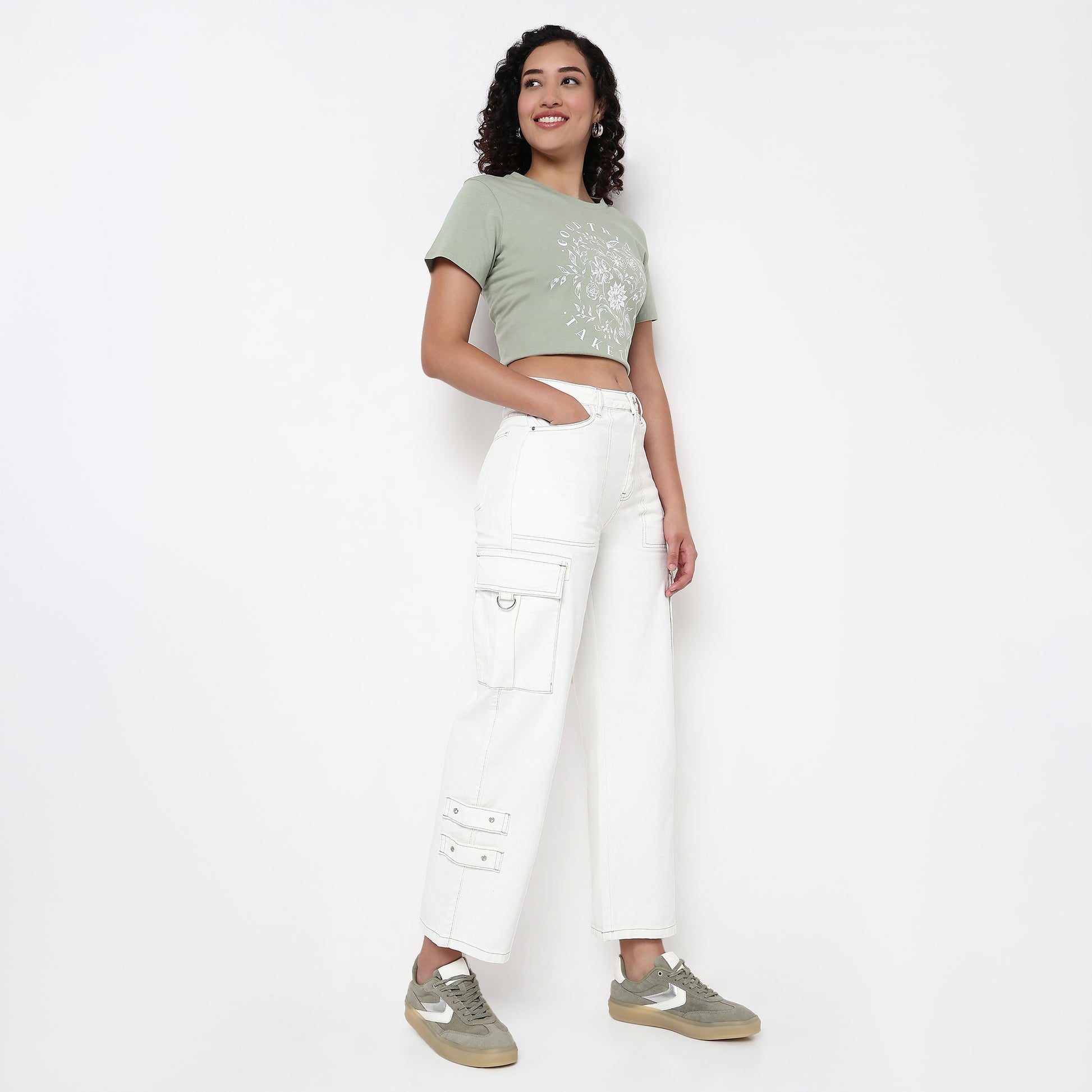 Relaxed Fit Solid Cargo Jeans
