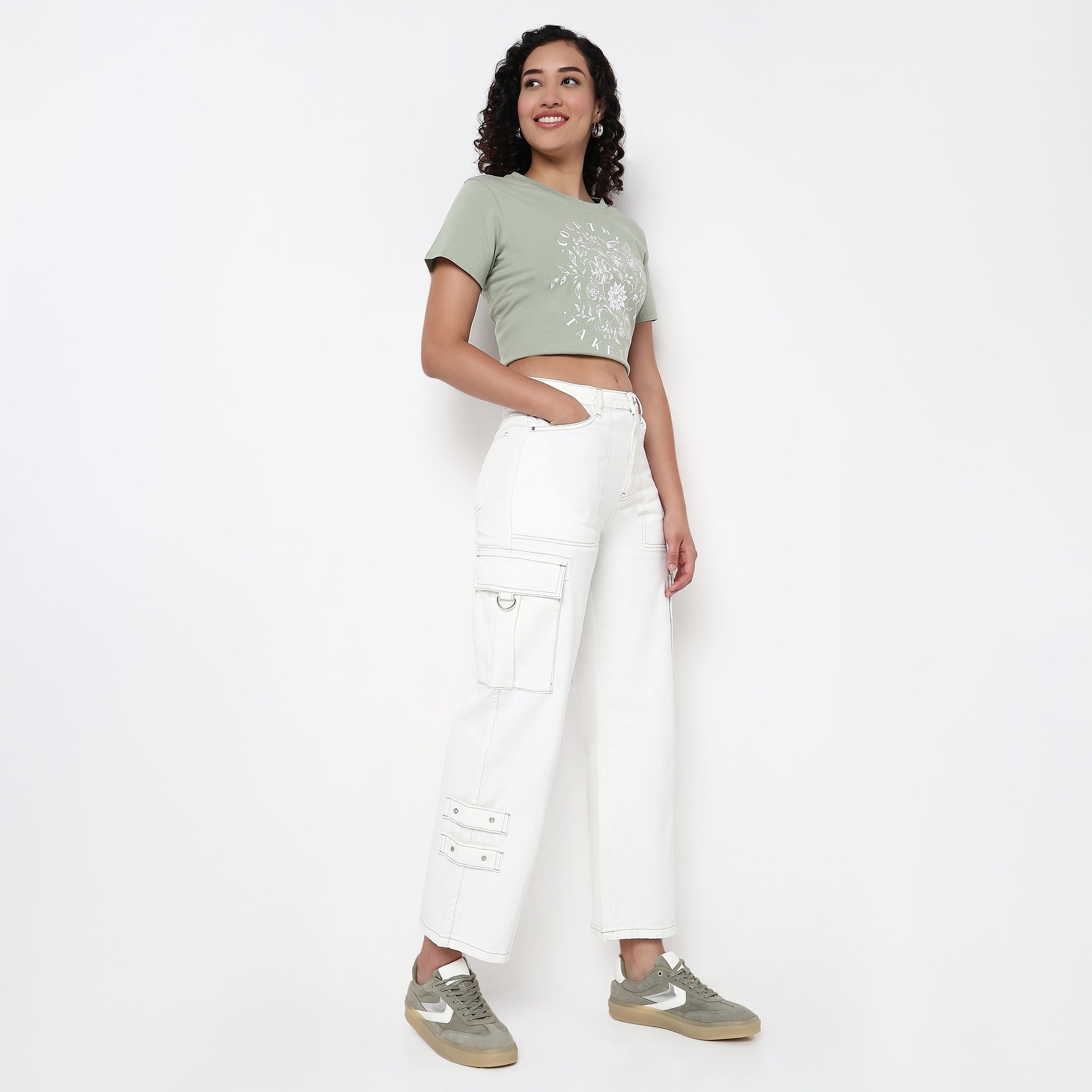 Relaxed Fit Solid Cargo Jeans