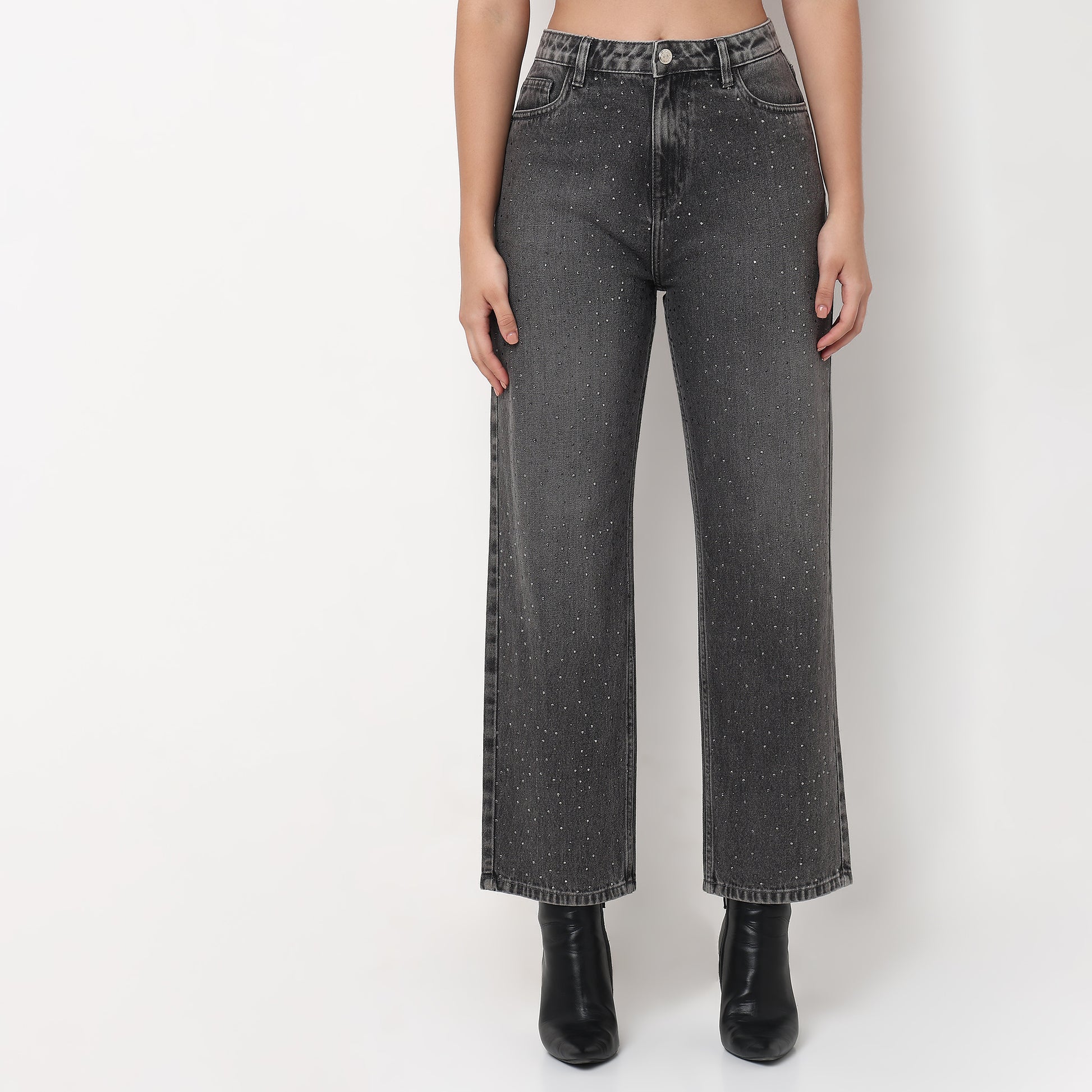 Straight Fit Mirror Work Denim