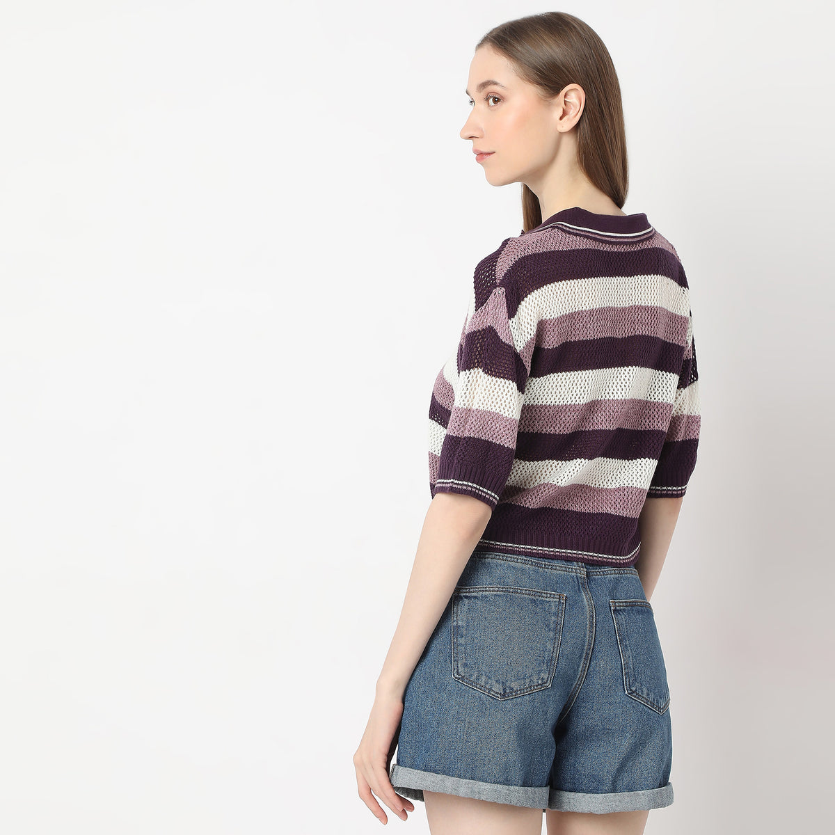 Striped Crochet Design Shirt Collar T-Shirt