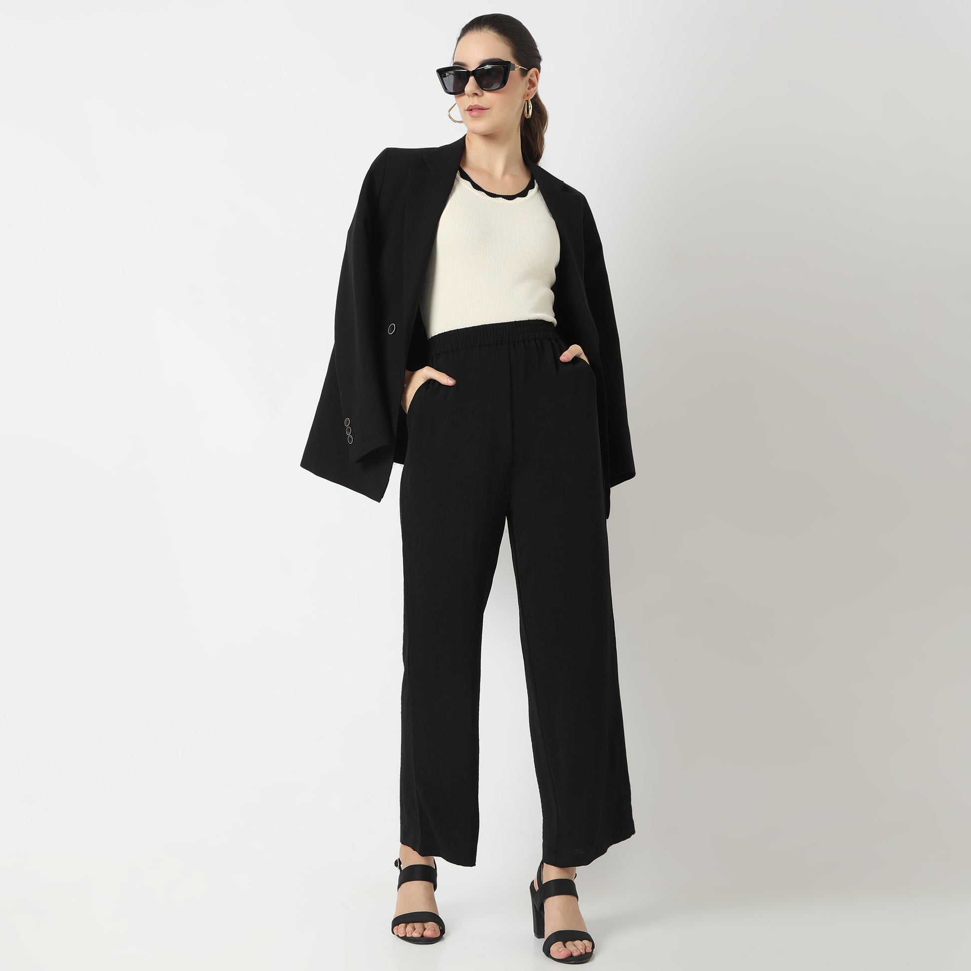 Regular Fit Solid Regular Length High Rise Palazzos