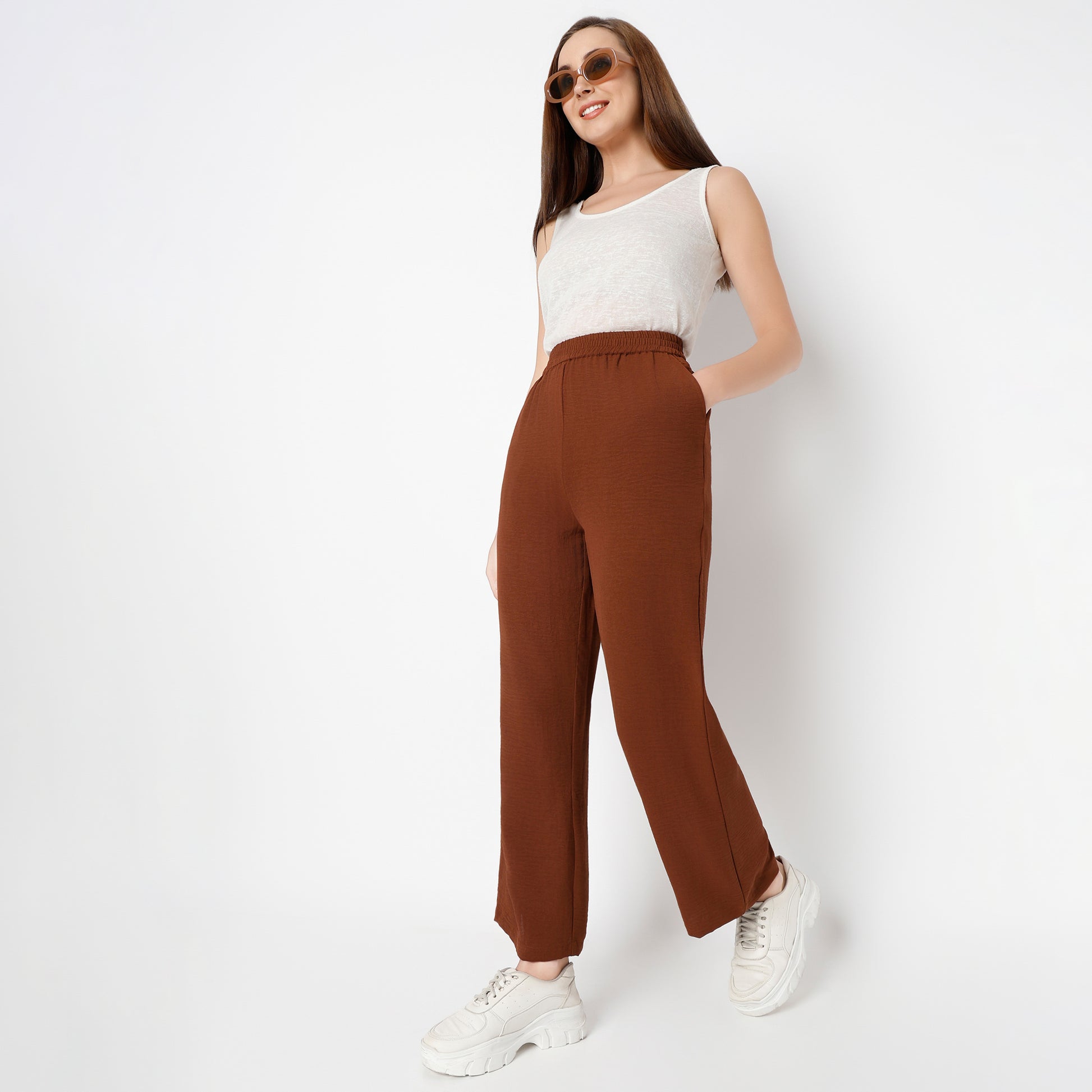 Regular Fit Solid Regular Length High Rise Palazzos