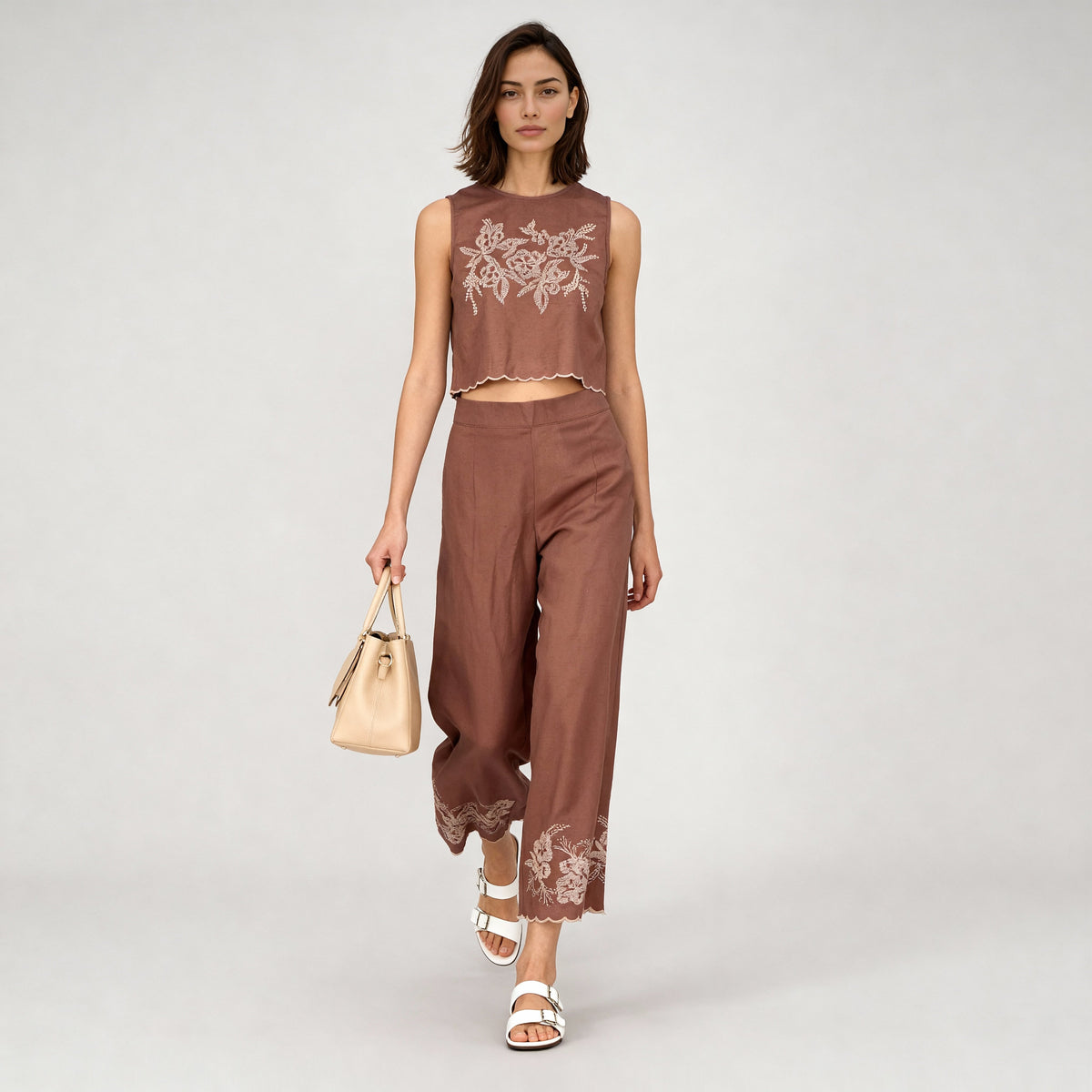 Embroidered High Rise Straight Palazzos