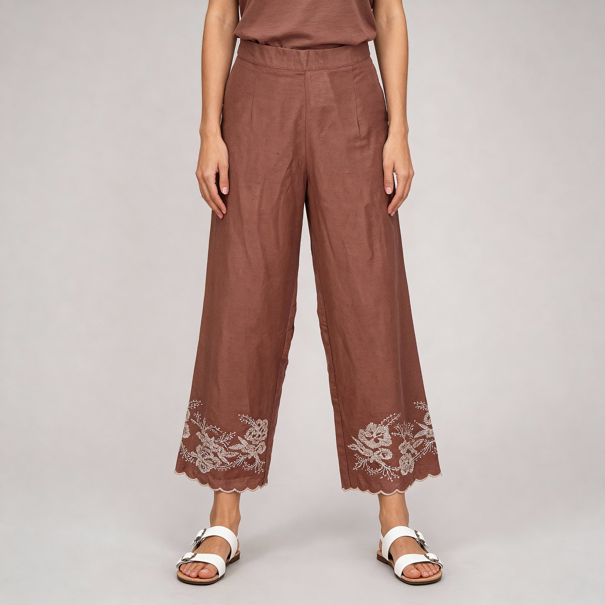 Embroidered High Rise Straight Palazzos