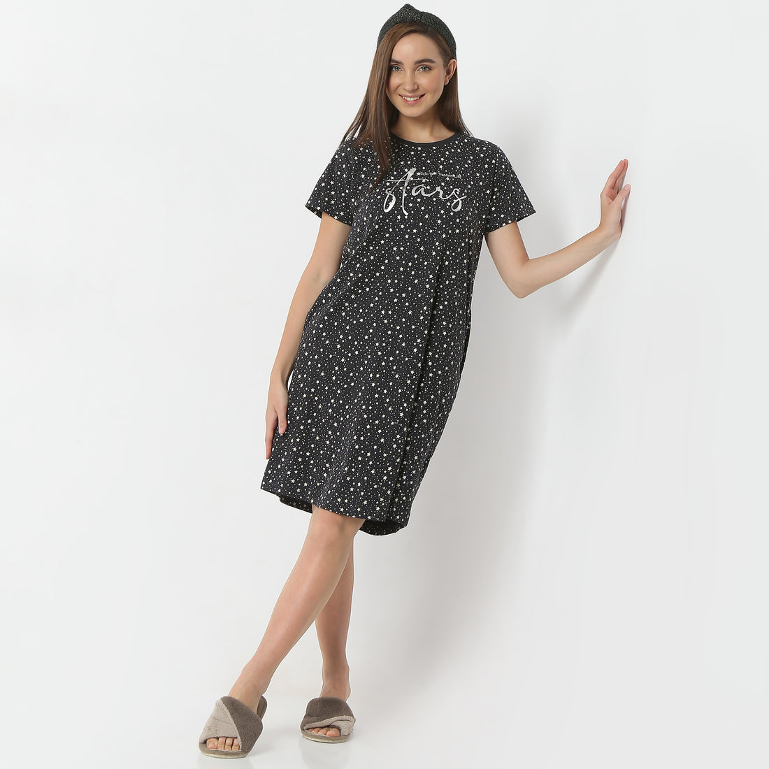 Regular Fit Floral Round Neck Knee Length Gown