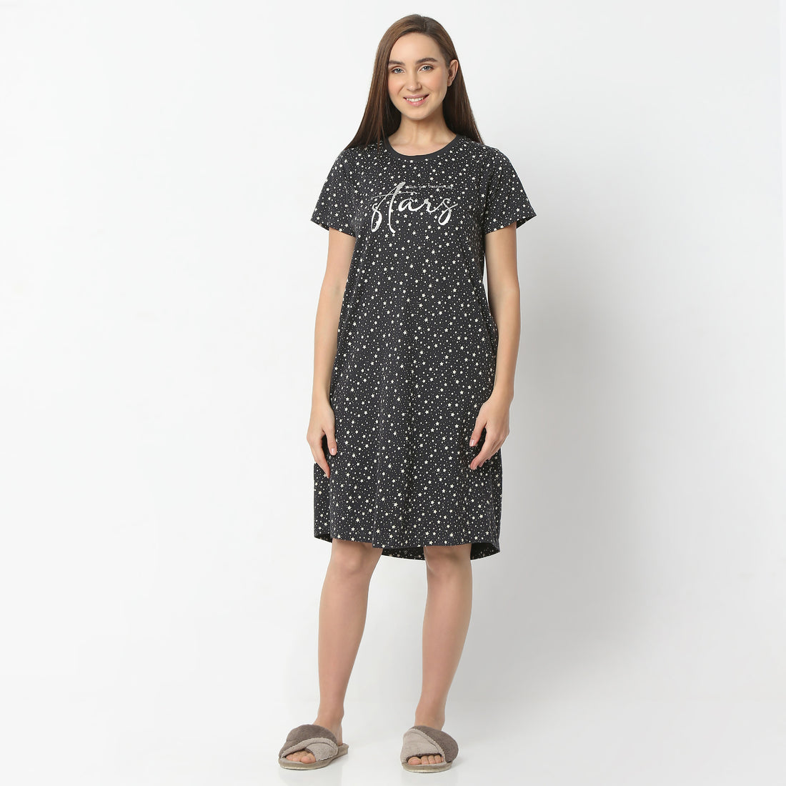 Regular Fit Floral Round Neck Knee Length Gown