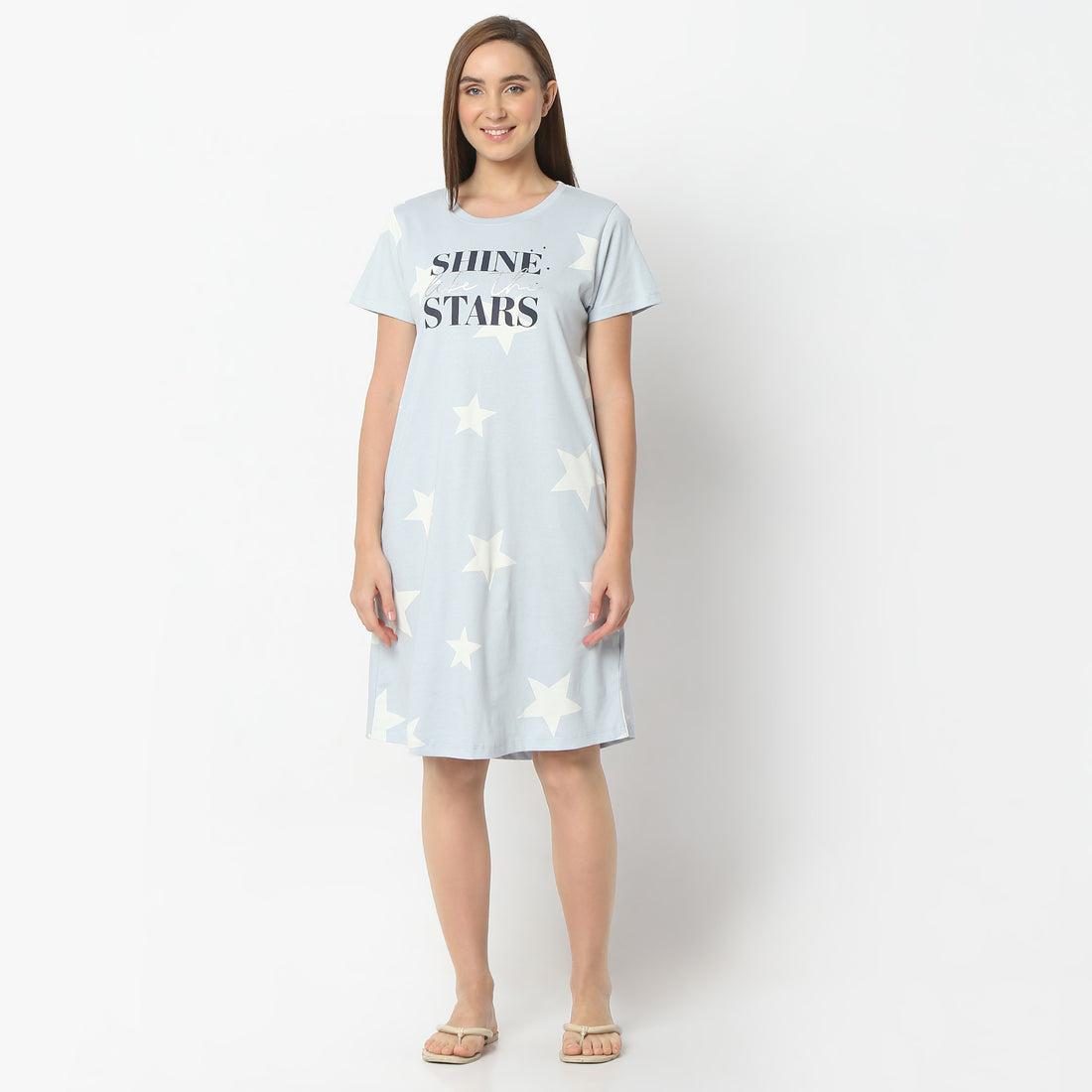 Regular Fit Floral Round Neck Knee Length Gown