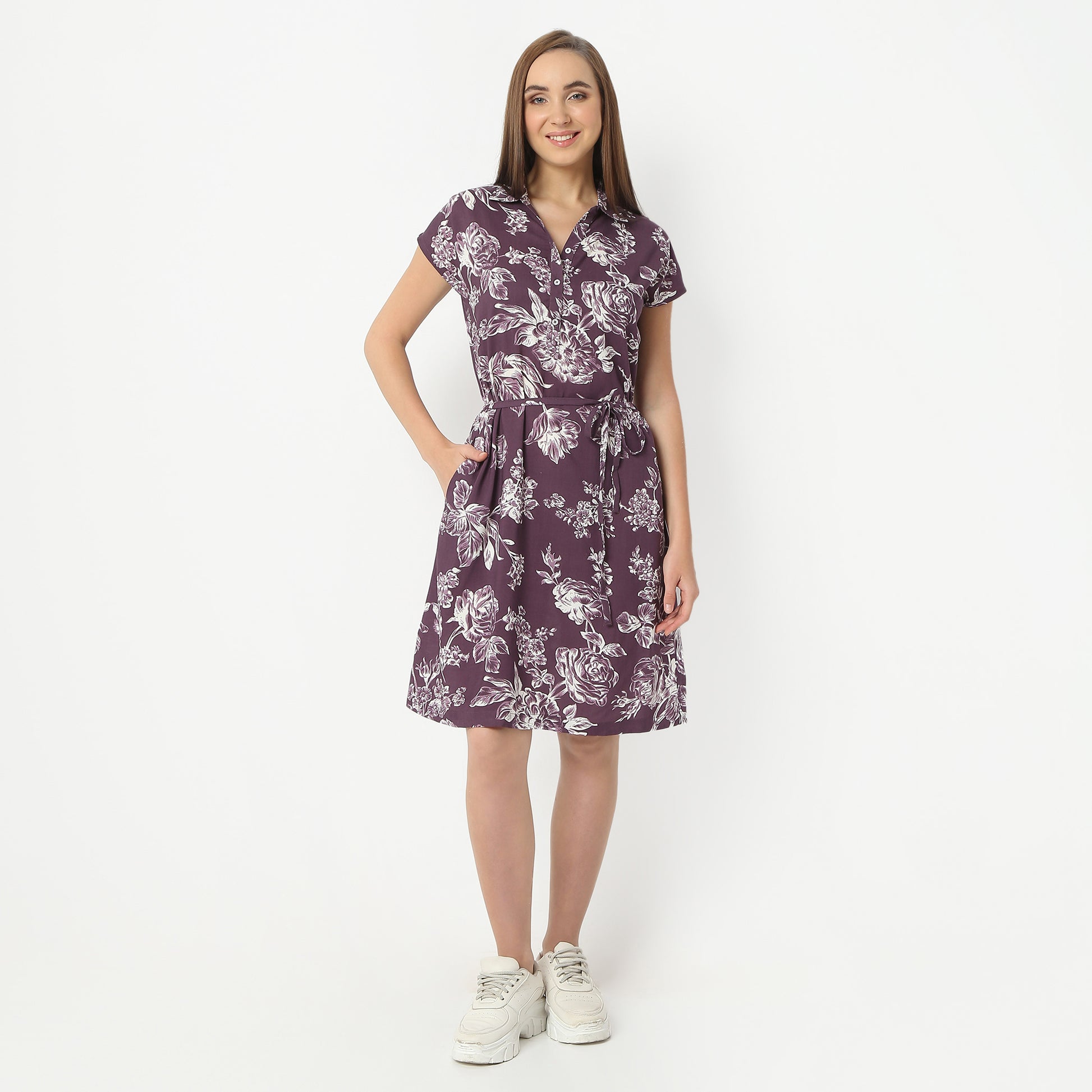 Regular Fit Floral Shirt Collar Short Length Gown