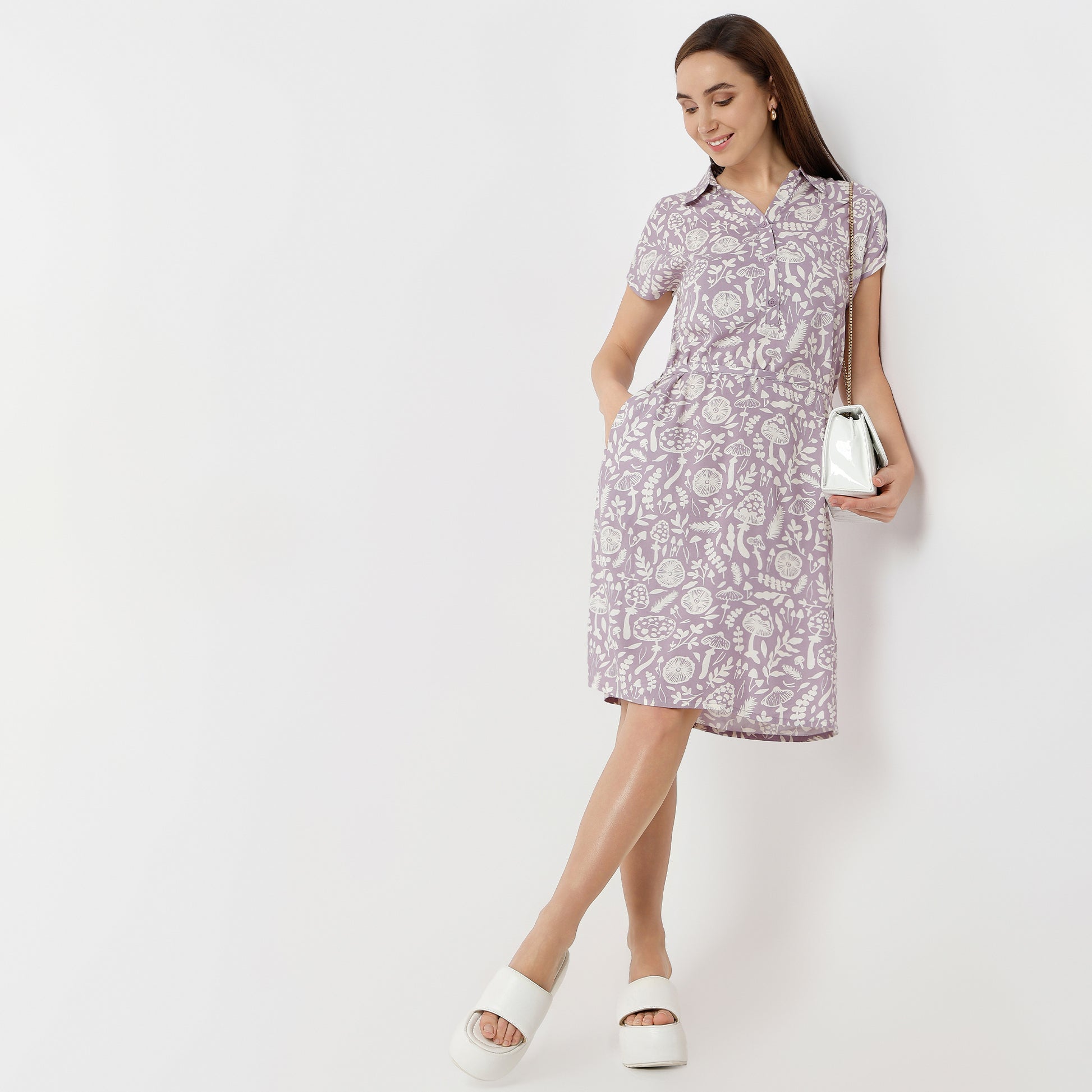 Regular Fit Floral Shirt Collar Gown