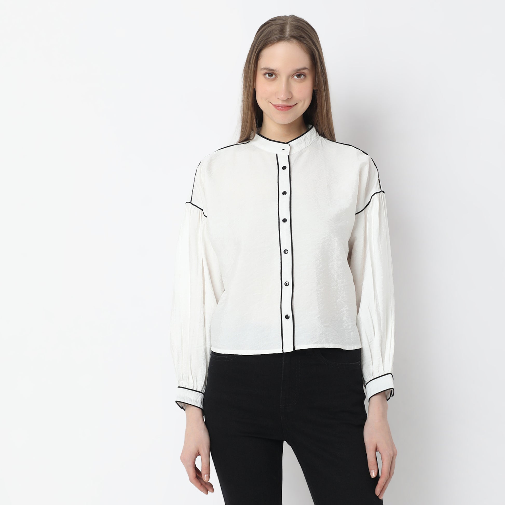Solid Full-Sleeve Casual Shirt with Black Piping