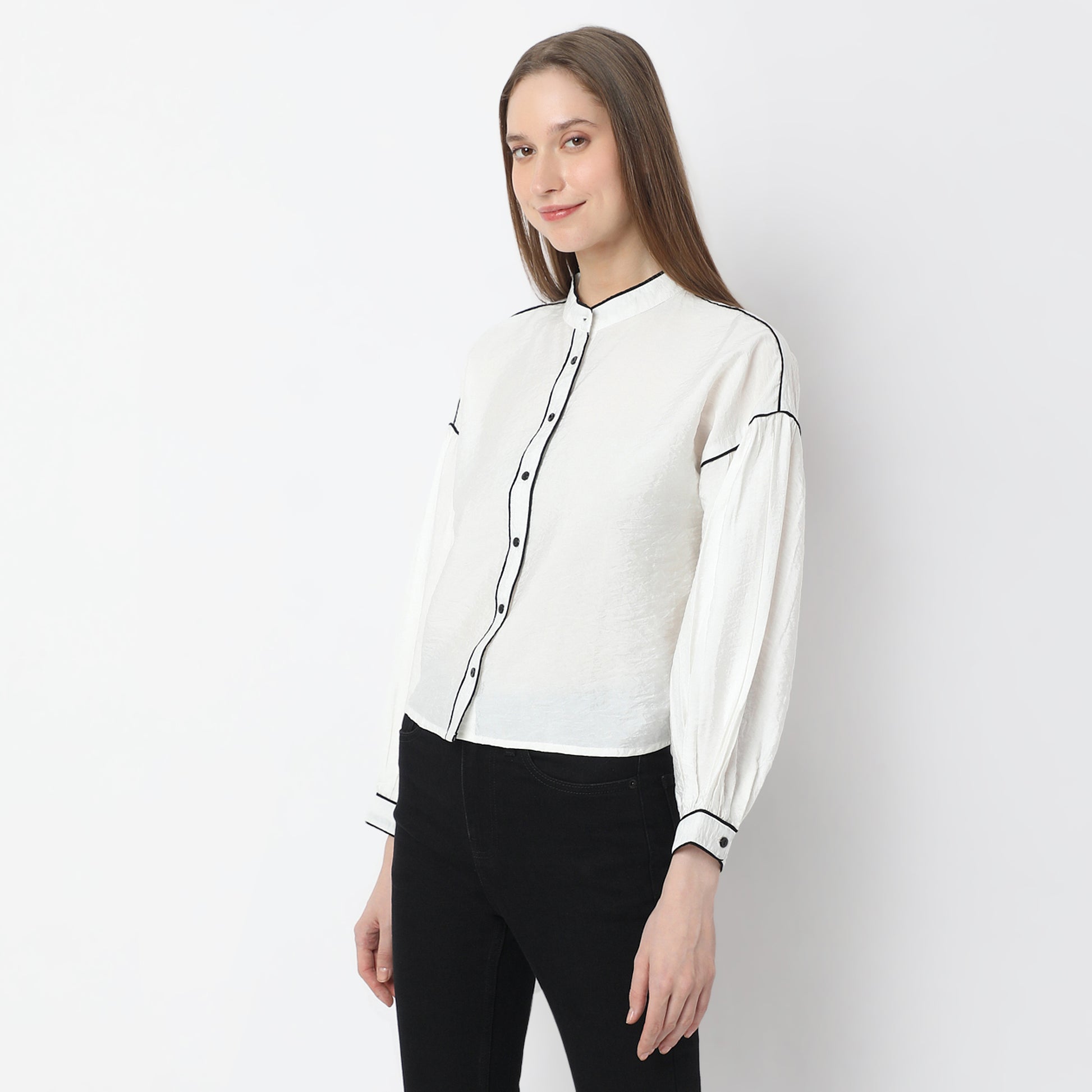 Solid Full-Sleeve Casual Shirt with Black Piping
