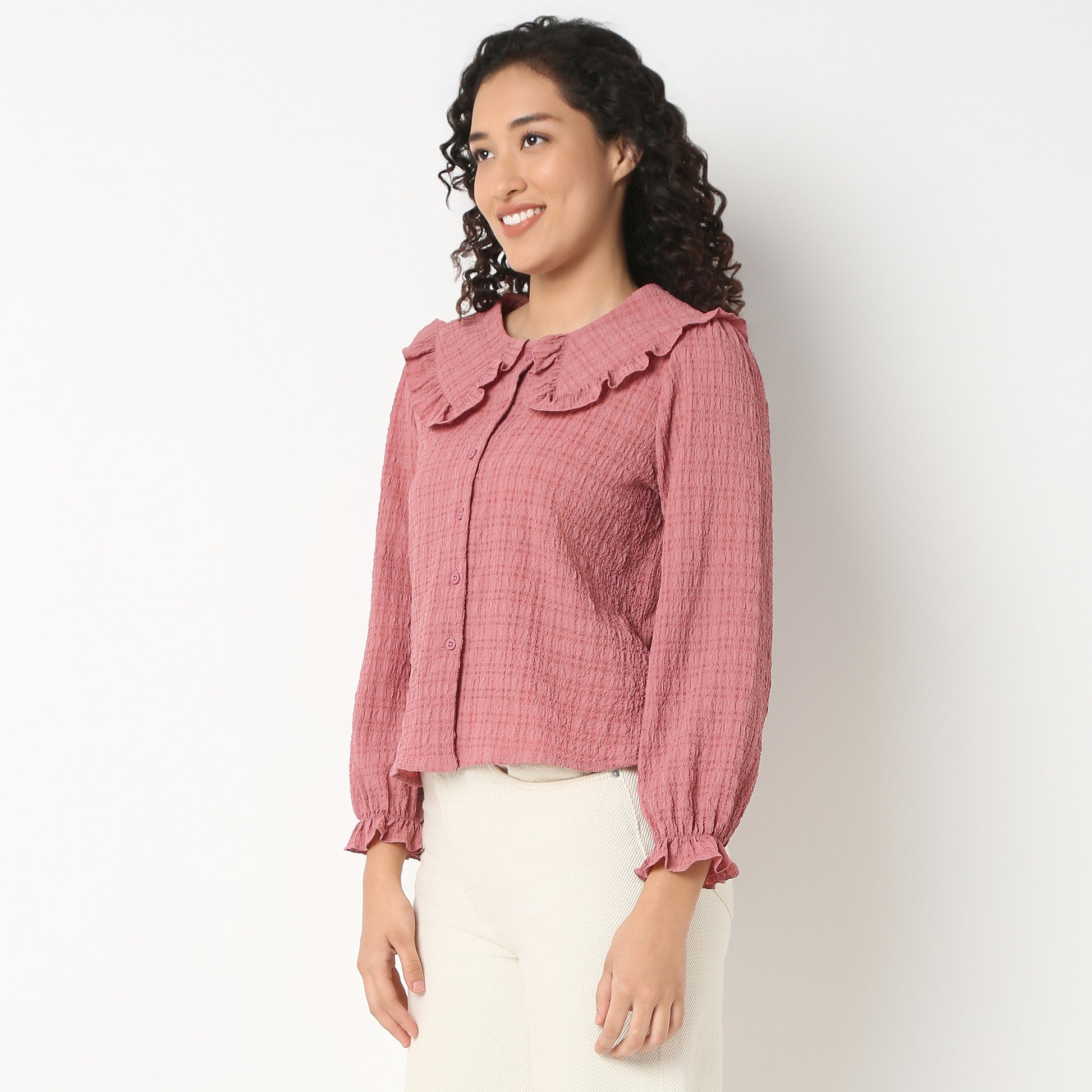 Full Front Button Placket Peter Pan Collar With Ruffle Trim Shirt