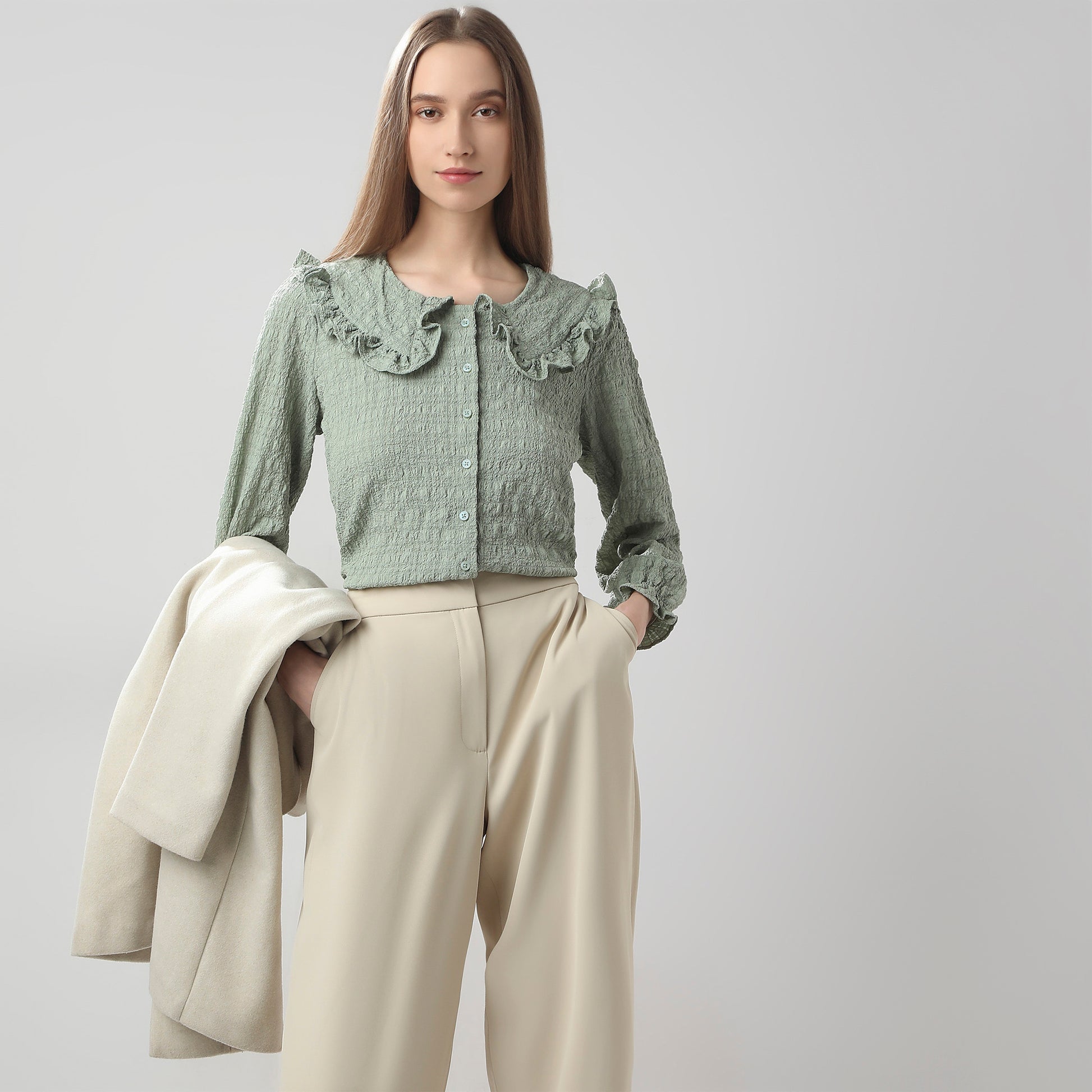 Full Front Button Placket Peter Pan Collar With Ruffle Trim Shirt