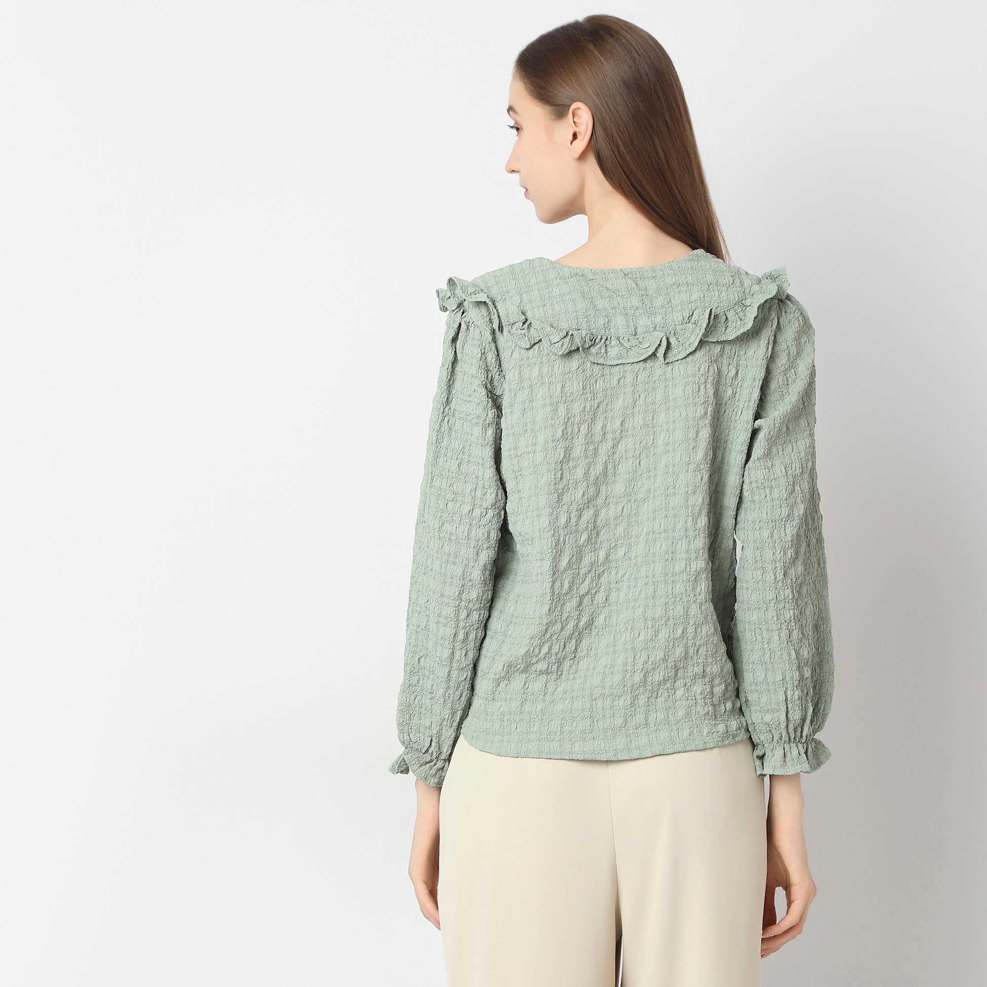 Full Front Button Placket Peter Pan Collar With Ruffle Trim Shirt