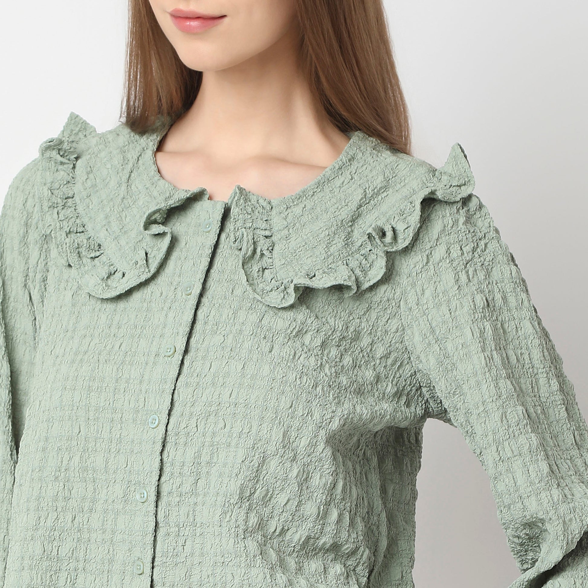 Full Front Button Placket Peter Pan Collar With Ruffle Trim Shirt