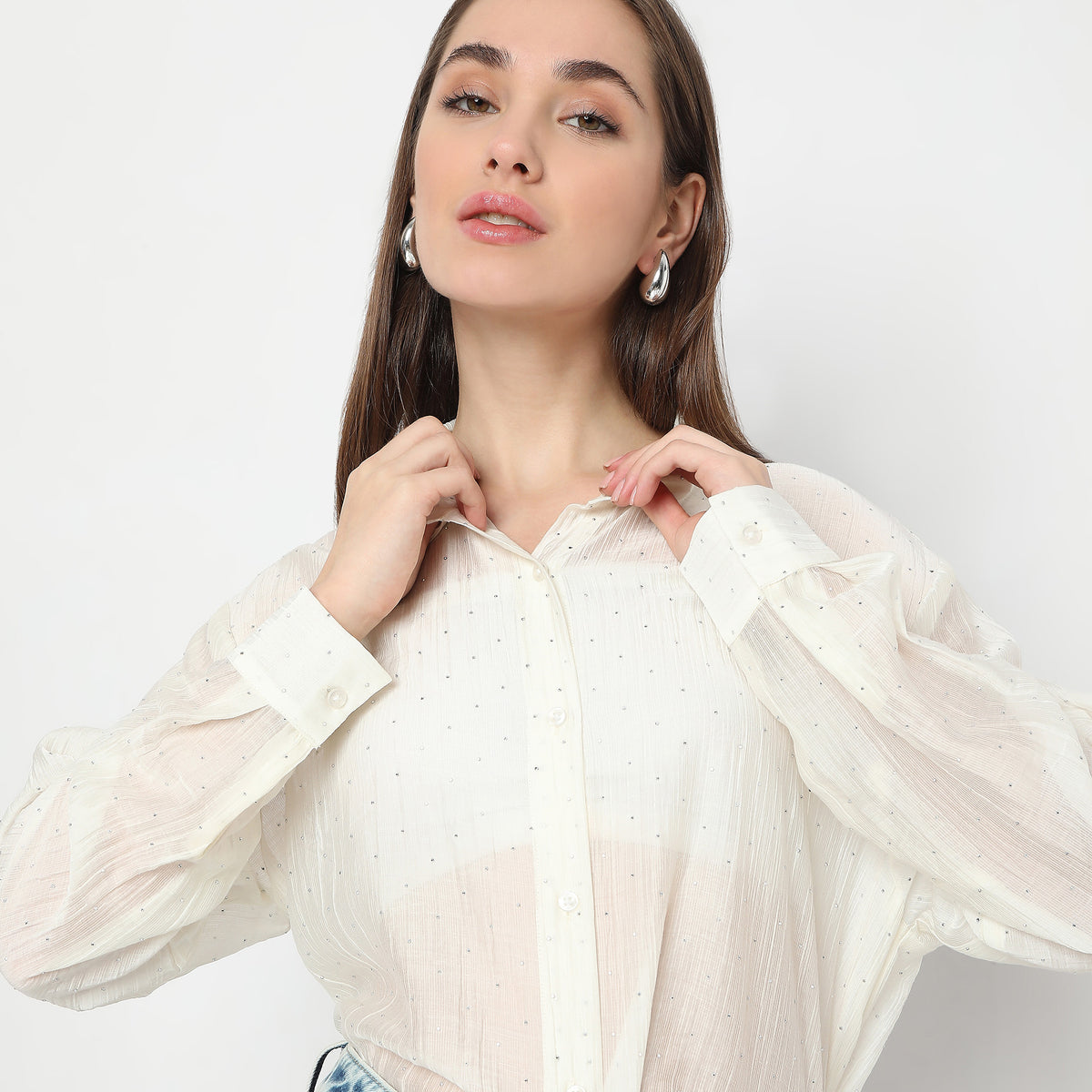 Embellished Stude Work with Full Sleeve Collared Shirt