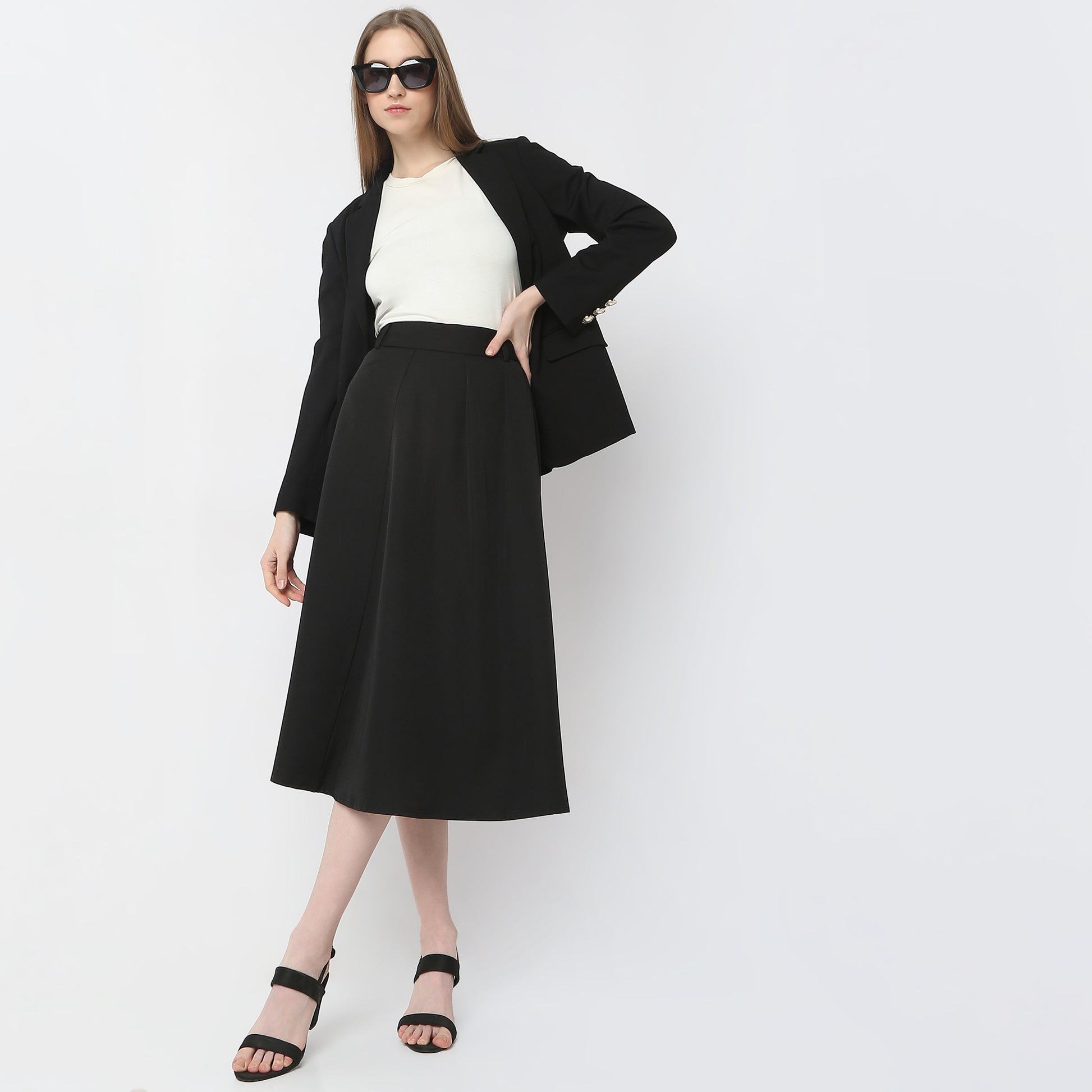 Flare Fit Solid Mid Rise Skirt