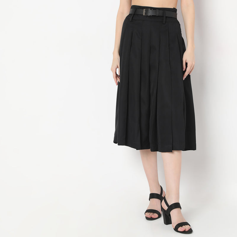 Flare Fit Calf Length Flared Skirt with Belts