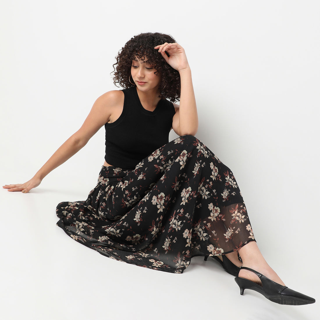 Flare Fit Printed Ankle Length Mid Rise Skirt