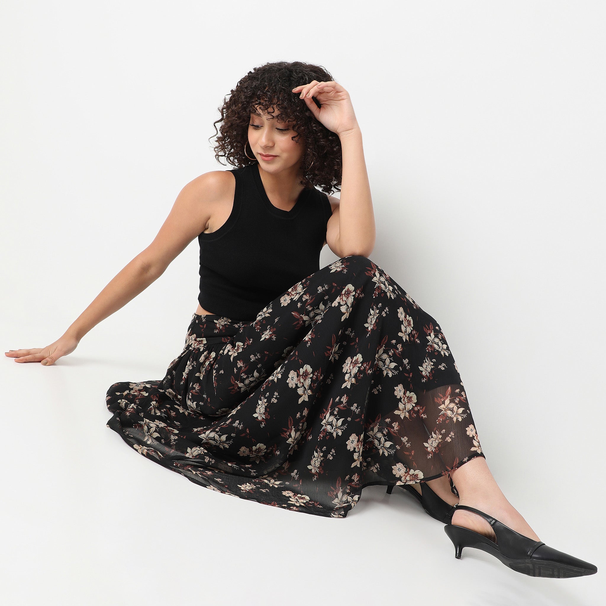 Flare Fit Printed Ankle Length Mid Rise Skirt