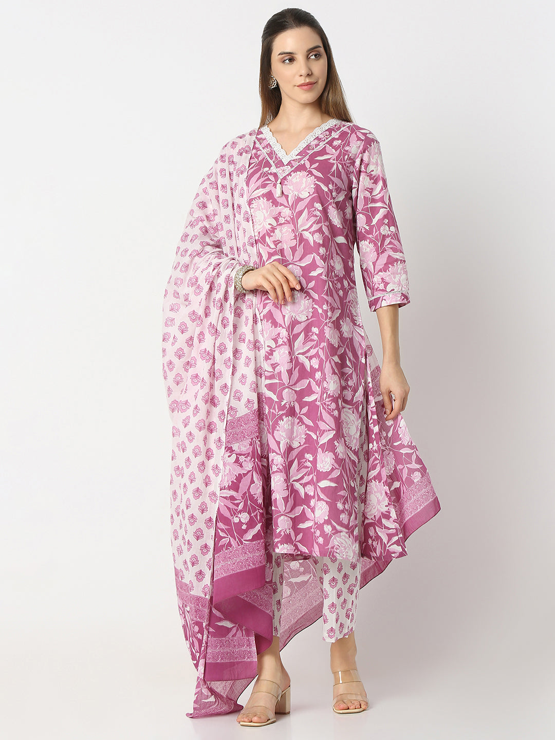 Floral Print V-Neck Straight Kurta and Pant with Dupatta Set
