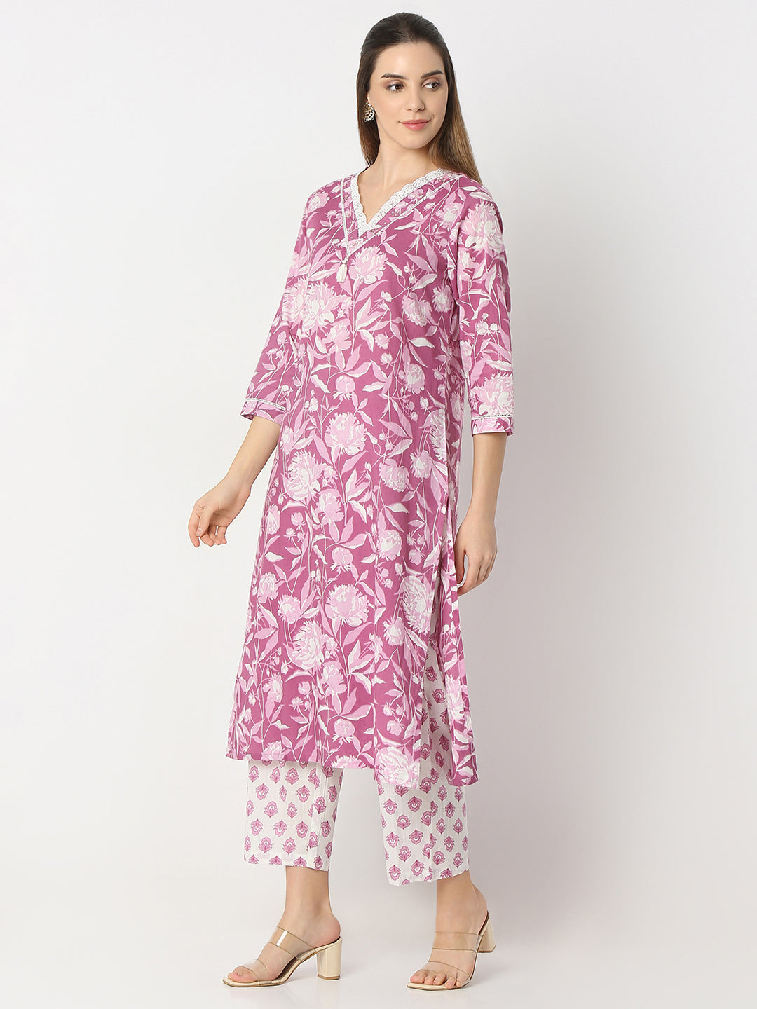 Floral Print V-Neck Straight Kurta and Pant with Dupatta Set