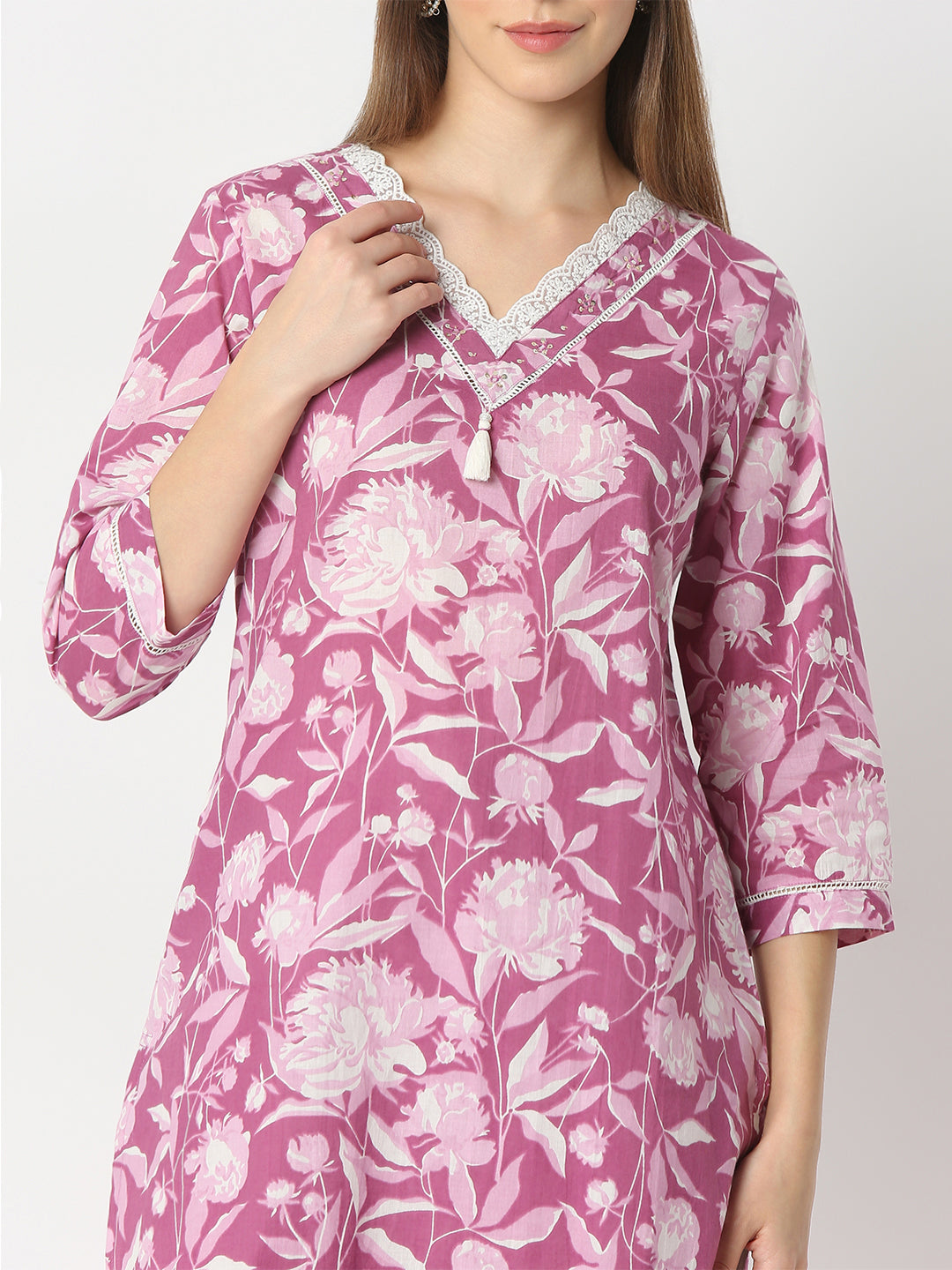 Floral Print V-Neck Straight Kurta and Pant with Dupatta Set