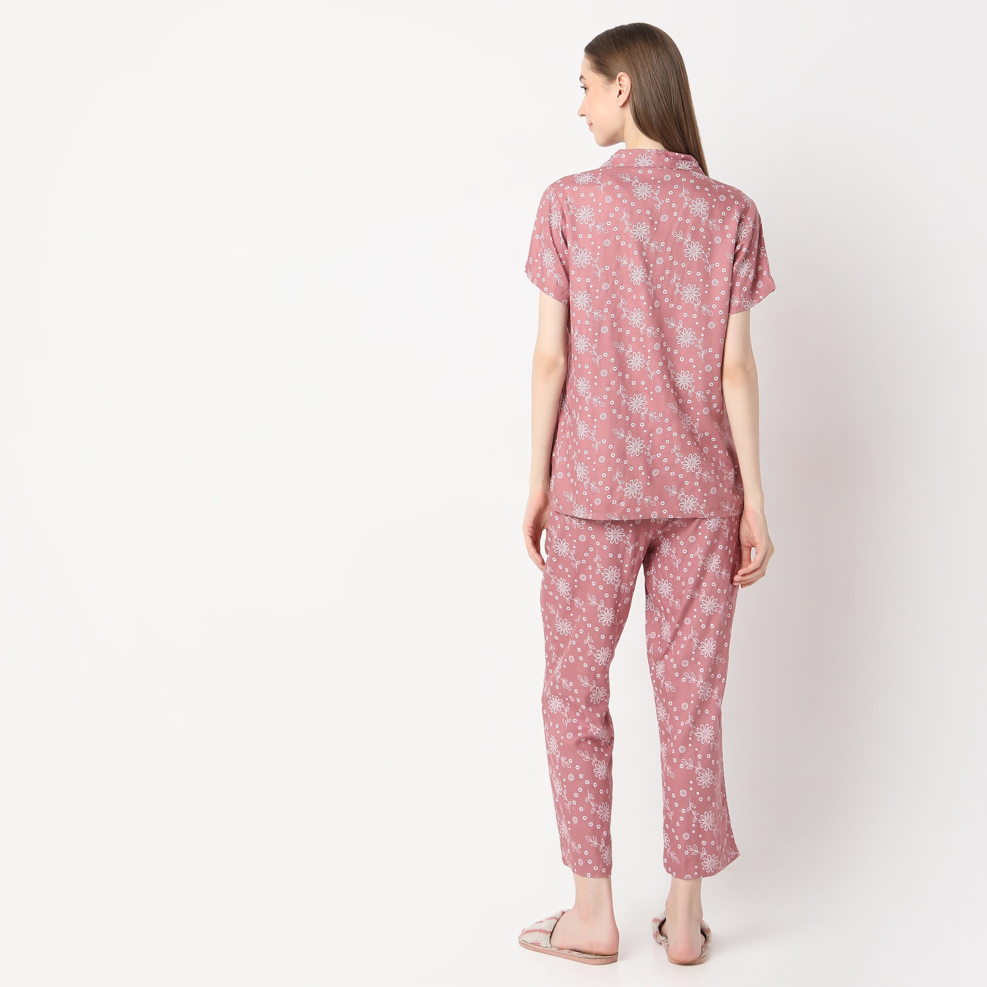 Regular Fit Printed Lapel Collar Shirt with Pyjama Set